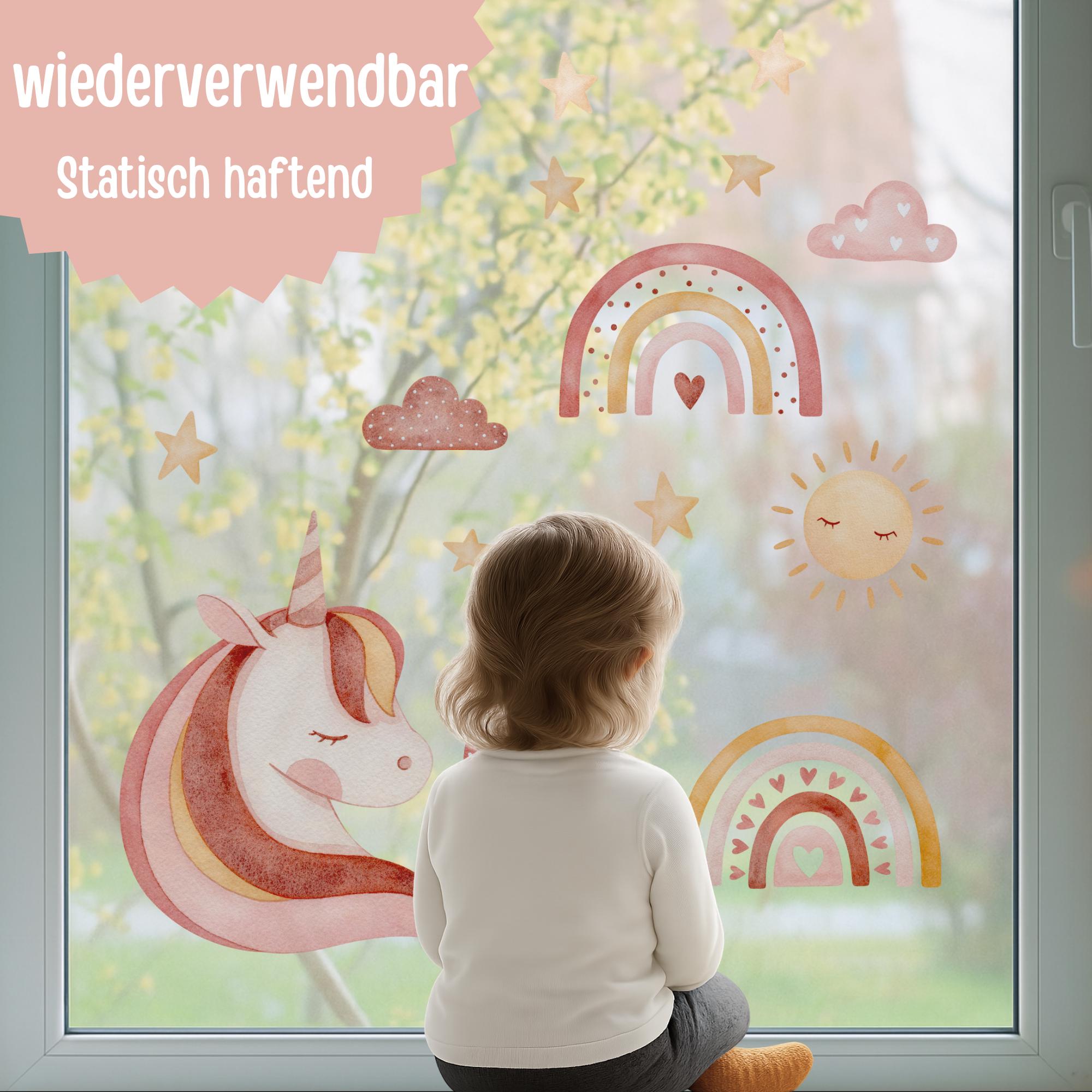Fensterbild Einhorn Regenbogen – statisch haftend & wiederverwendbar – Fensterdeko Kinderzimmer Mädchen – Sonne Sterne Wolken A4–A2 – 