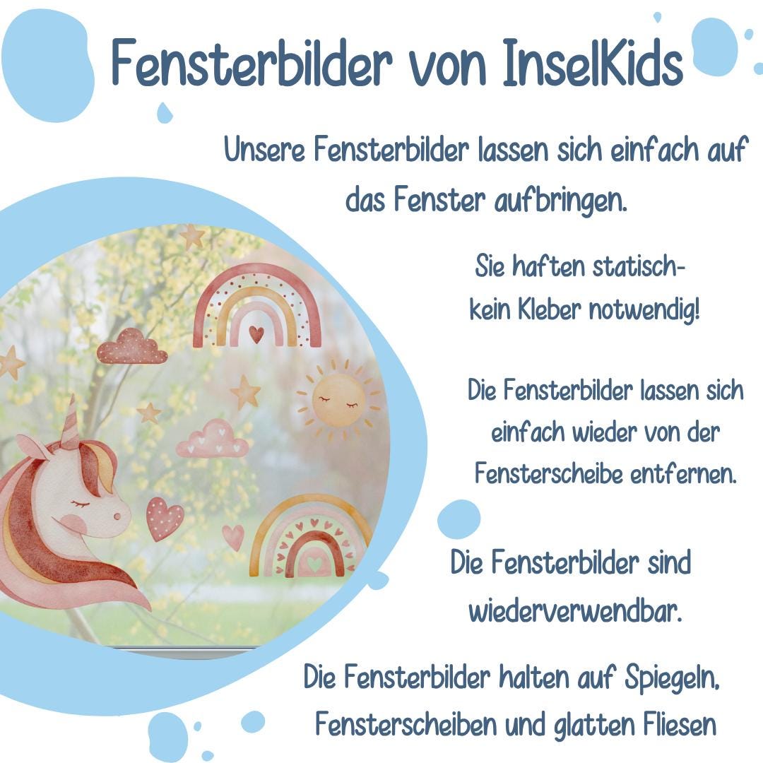 Fensterbild Einhorn Regenbogen – statisch haftend & wiederverwendbar – Fensterdeko Kinderzimmer Mädchen – Sonne Sterne Wolken A4–A2 – 