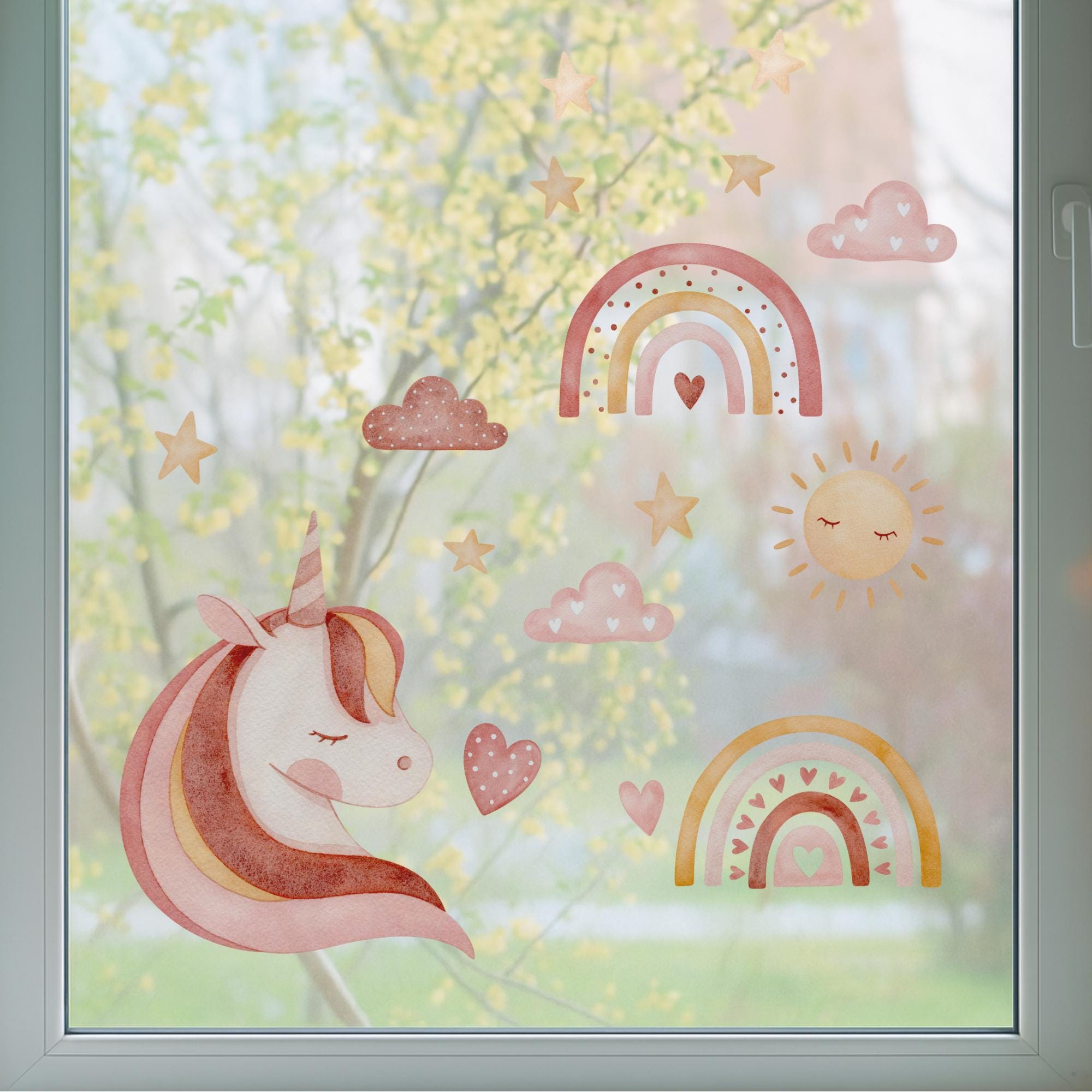 Fensterbild Einhorn Regenbogen – statisch haftend & wiederverwendbar – Fensterdeko Kinderzimmer Mädchen – Sonne Sterne Wolken A4–A2 – 