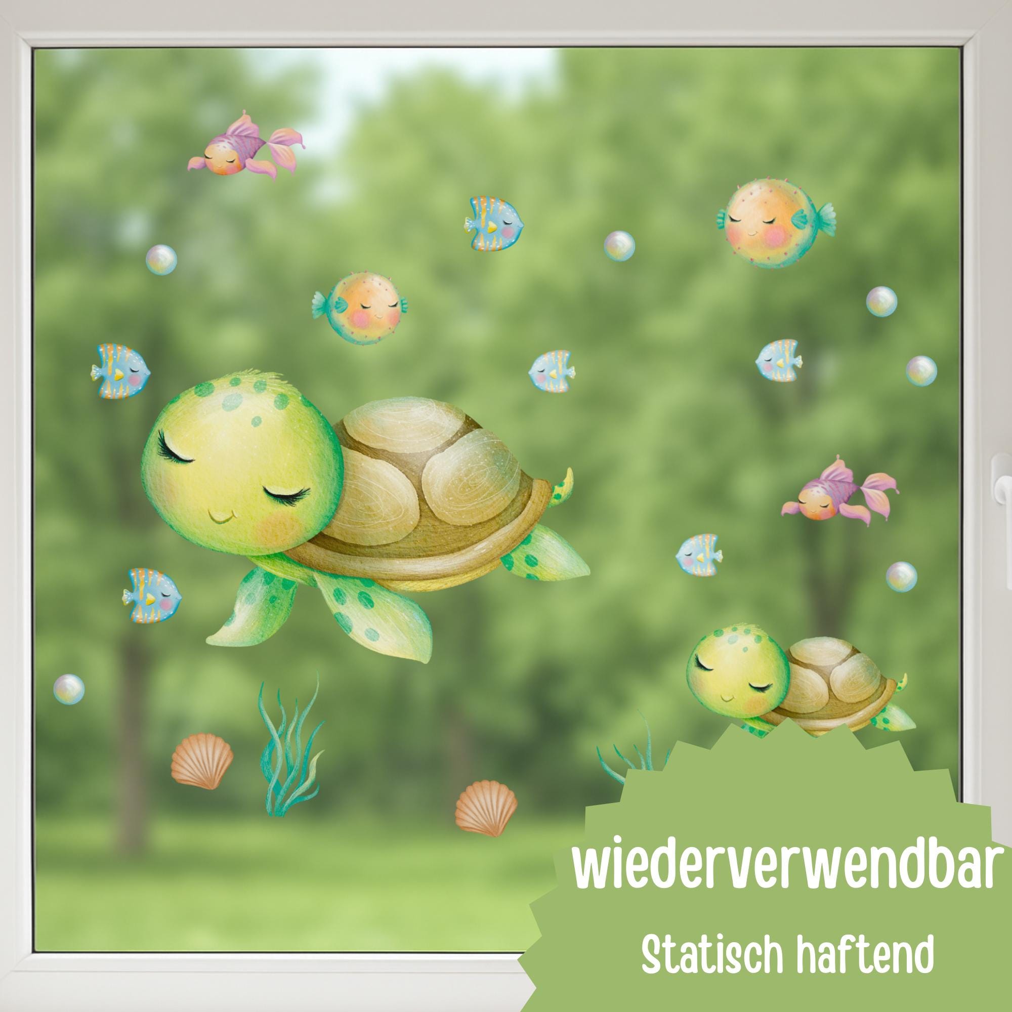Fensterbild Meerestiere – Schildkröte & Fische – statisch haftend und wiederverwendbar – Fensterdeko Kinderzimmer Babyzimmer A4–A2 – 