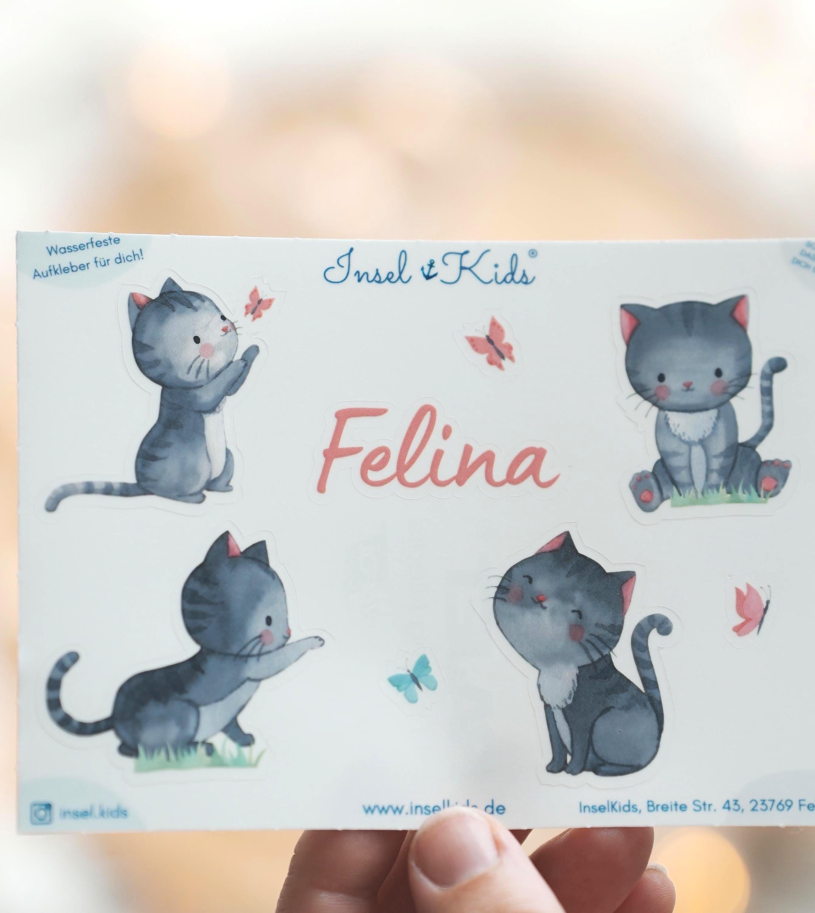 Katzen Sticker mit Namen – personalisiert & spülmaschinenfest – wasserfeste Aufkleber Kinder – Geschenk Idee Brotdose Kita Schule – Stickers