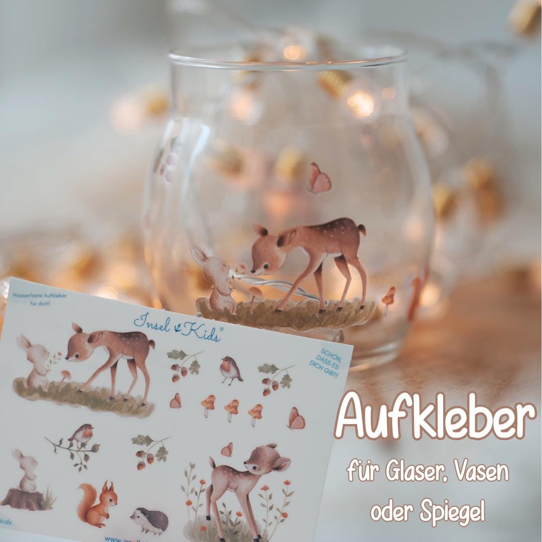 Herbst Deko Aufkleber – Waldtiere Sticker Set mit Reh, Eichhörnchen & Igel – Wasserfeste Sticker für Gläser, Vasen, Kerzengläser und Spiegel – Stickers
