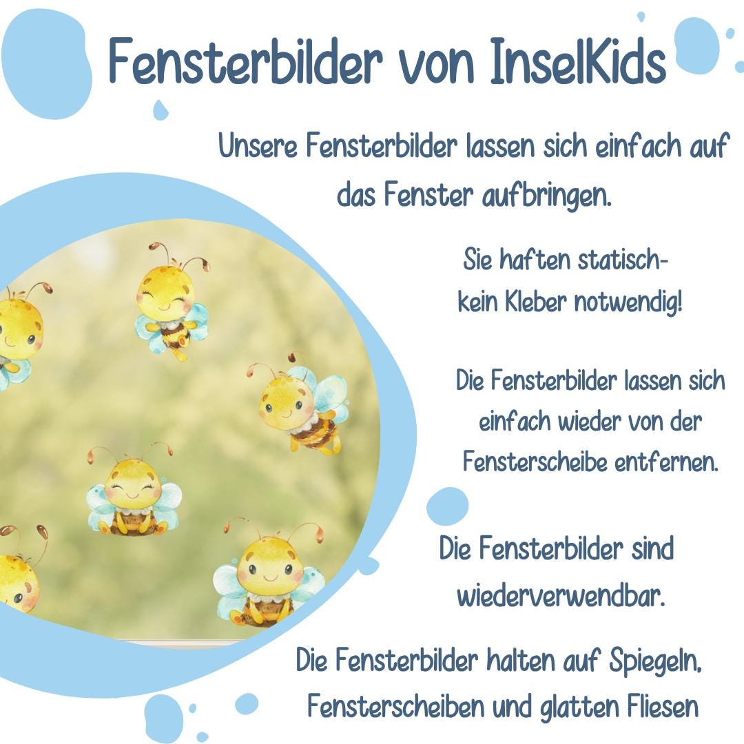 Fensterbild Bienen für zimmer – wiederverwendbar & statisch haftend – fröhliche Frühlingsdeko ohne Kleber – 