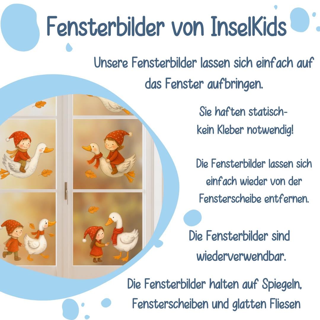 Fensterbild Herbst Wichtel & Gänse – statisch haftend und wiederverwendbar – Herbstdeko Fenster, Spiegel und Türen mit Herbstlaub – 
