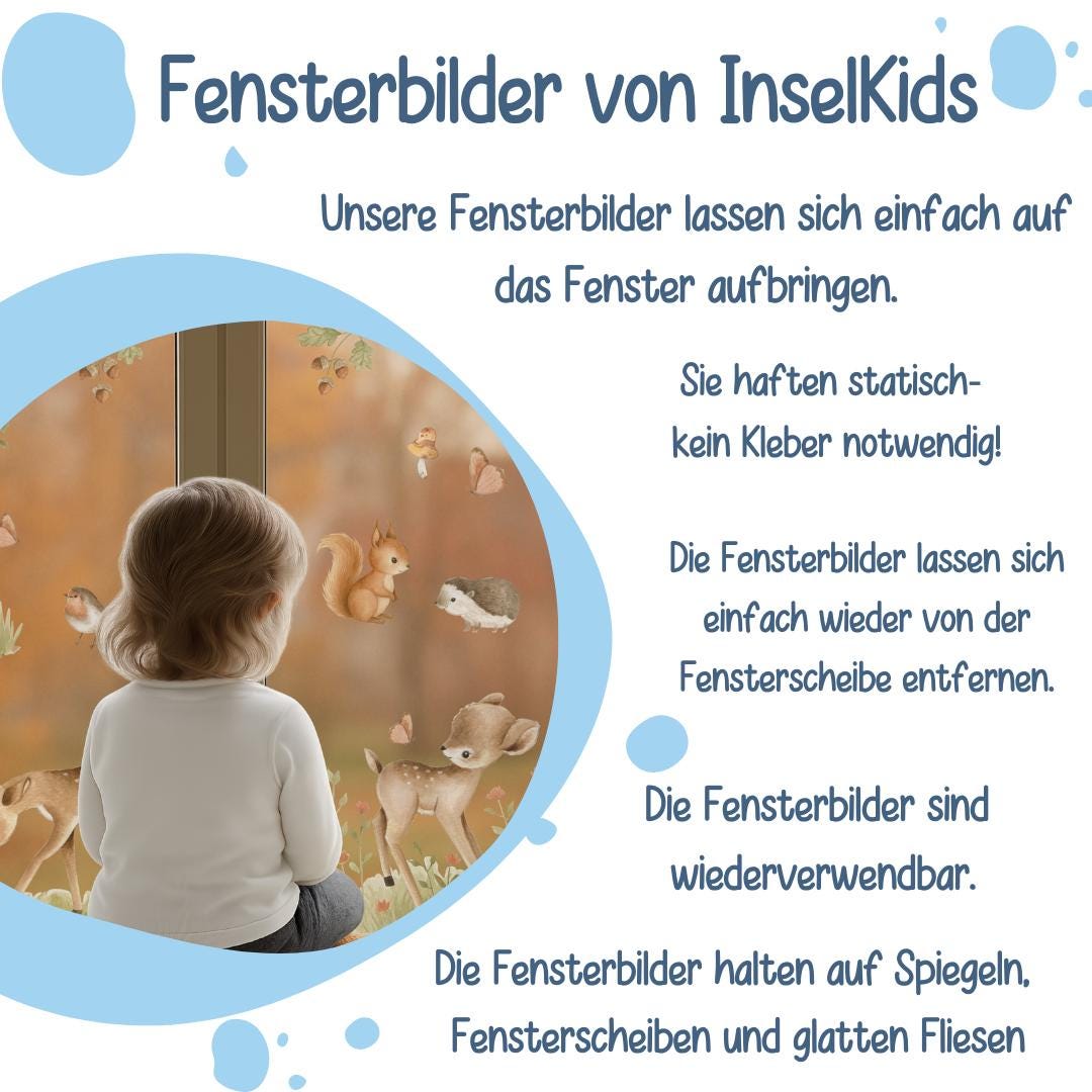 Fensterbilder Waldtiere mit Reh, Eichhörnchen und Igel – statisch haftend & wiederverwendbar – Herbstdeko Fenster Set – 