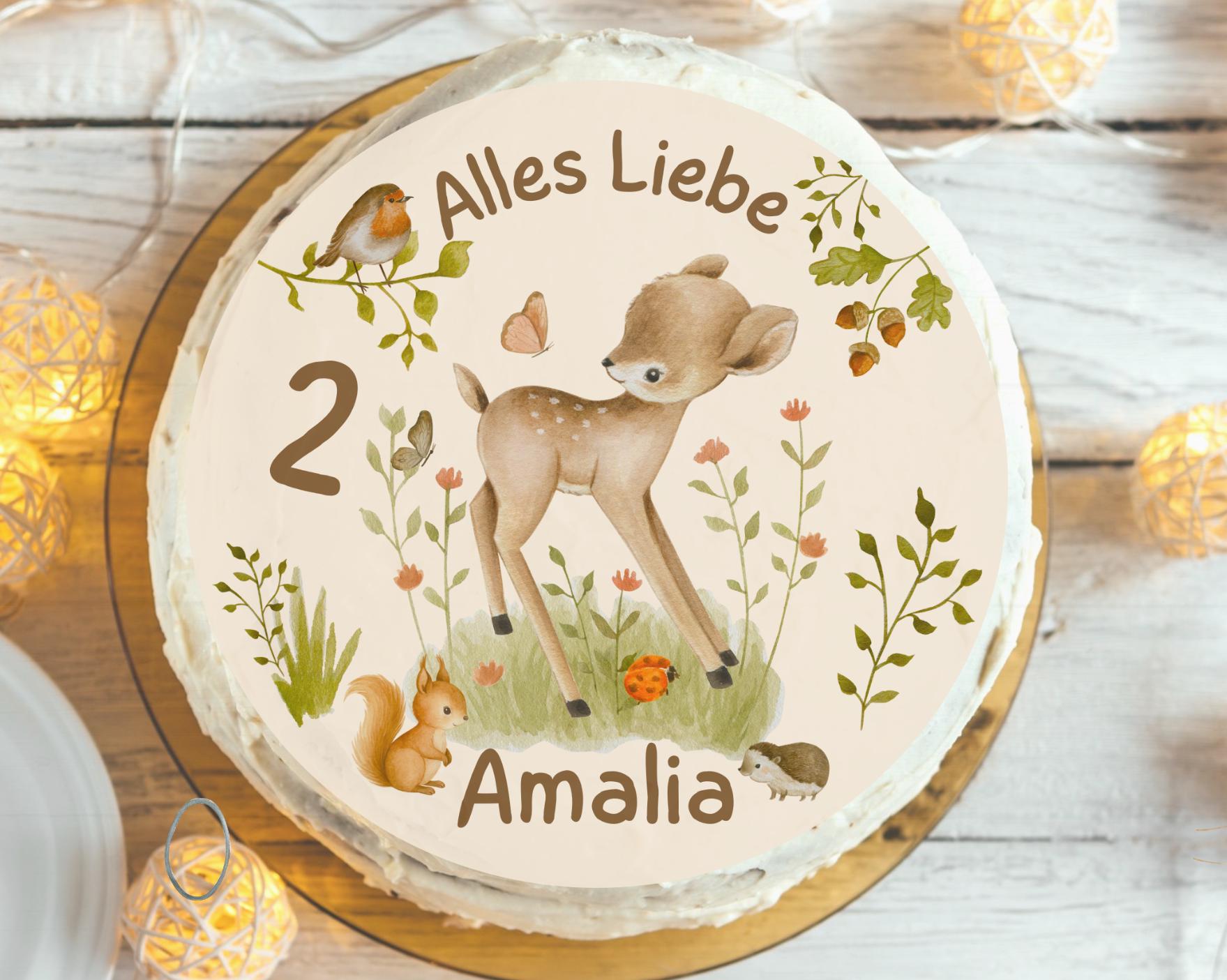 Tortenaufleger Reh Waldtiere – personalisiert mit Name & Zahl – Zuckerbild Fondantbild für Kindergeburtstag – Party Decor