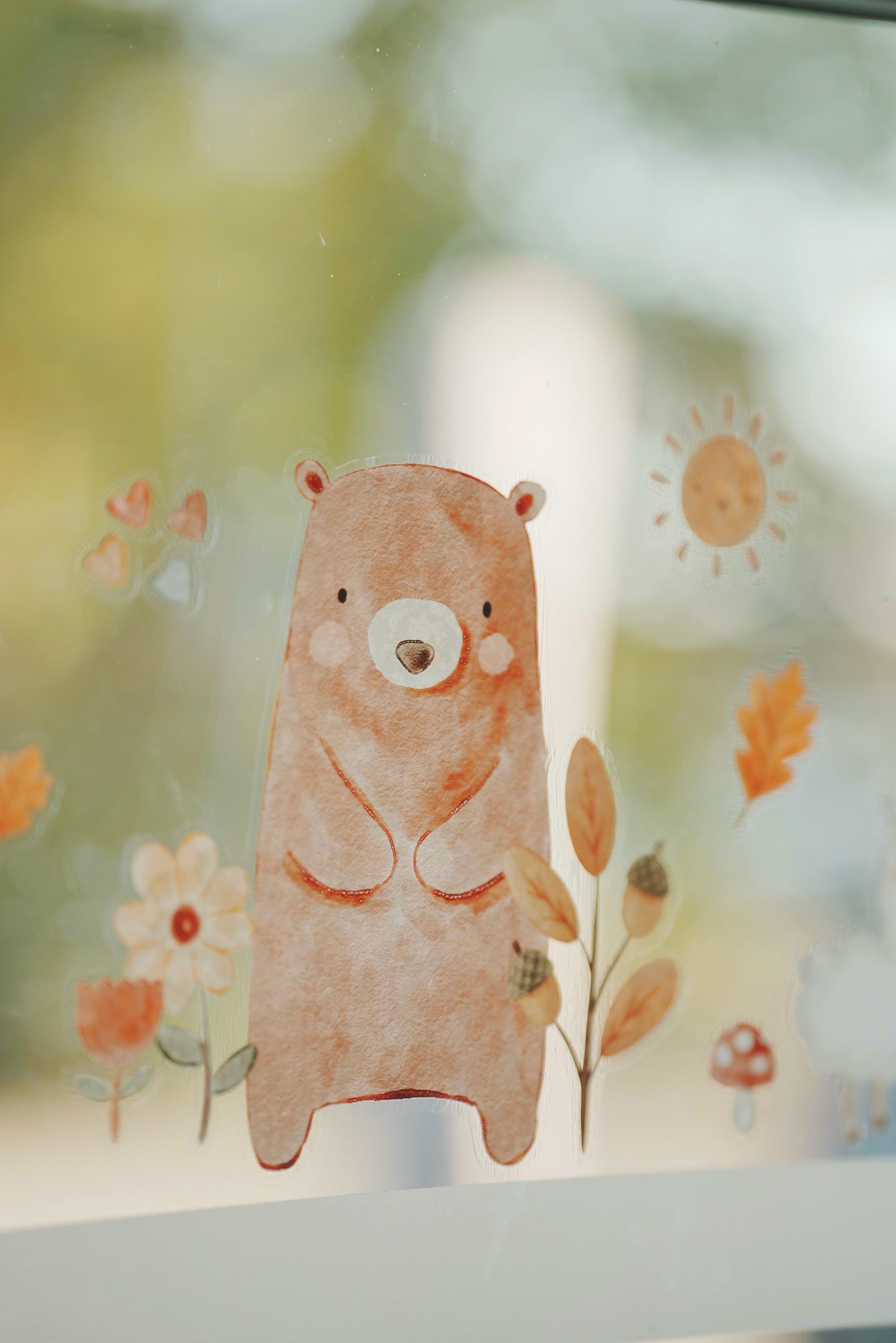 Fensterbilder Herbst – Bär, Regenbogen und Kürbis – statisch haftend & wiederverwendbar, Herbstdeko Fenster – 