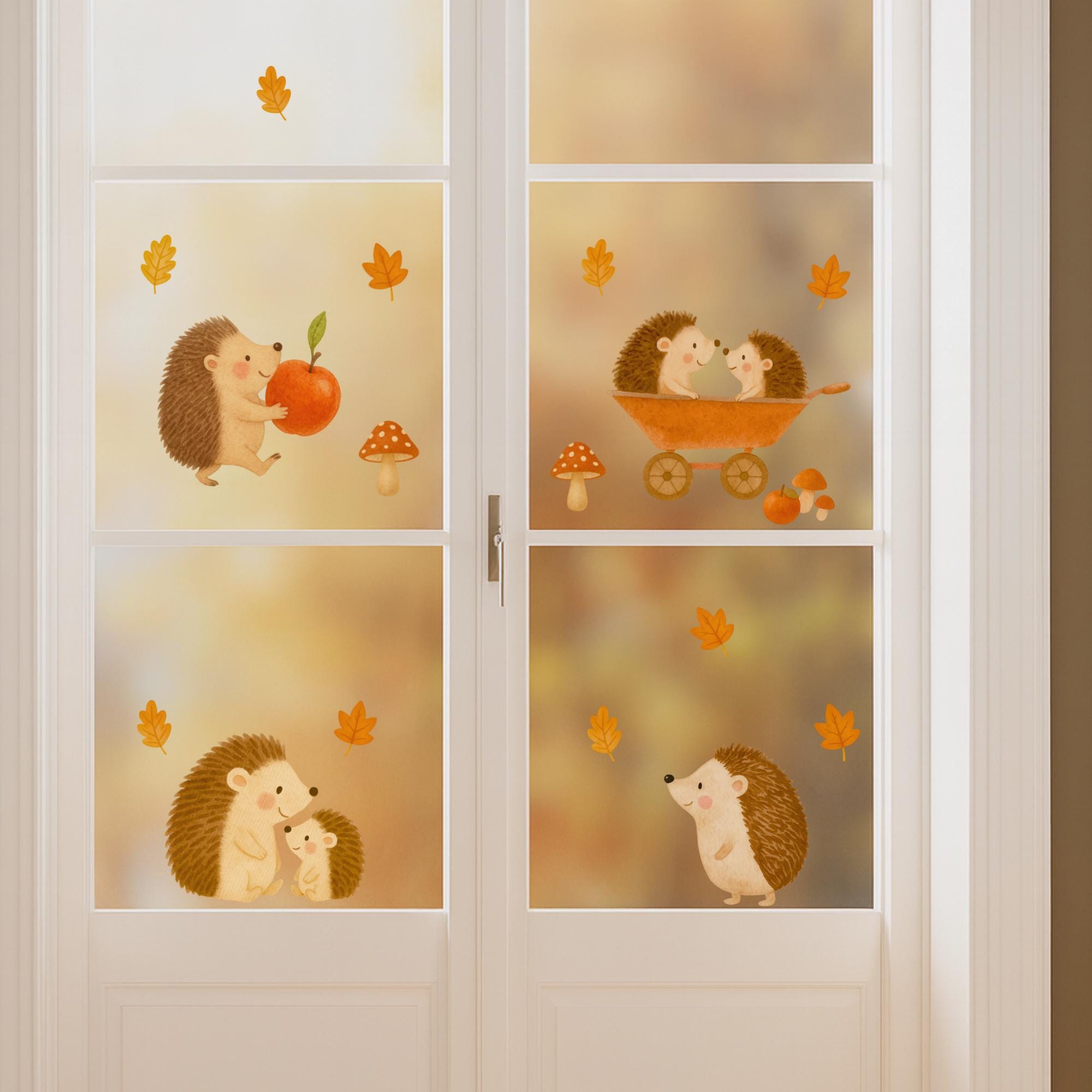 Fensterbild Igel Herbst – statisch haftende Fensterdeko wiederverwendbar – Waldtiere Herbstdeko Kinderzimmer – 