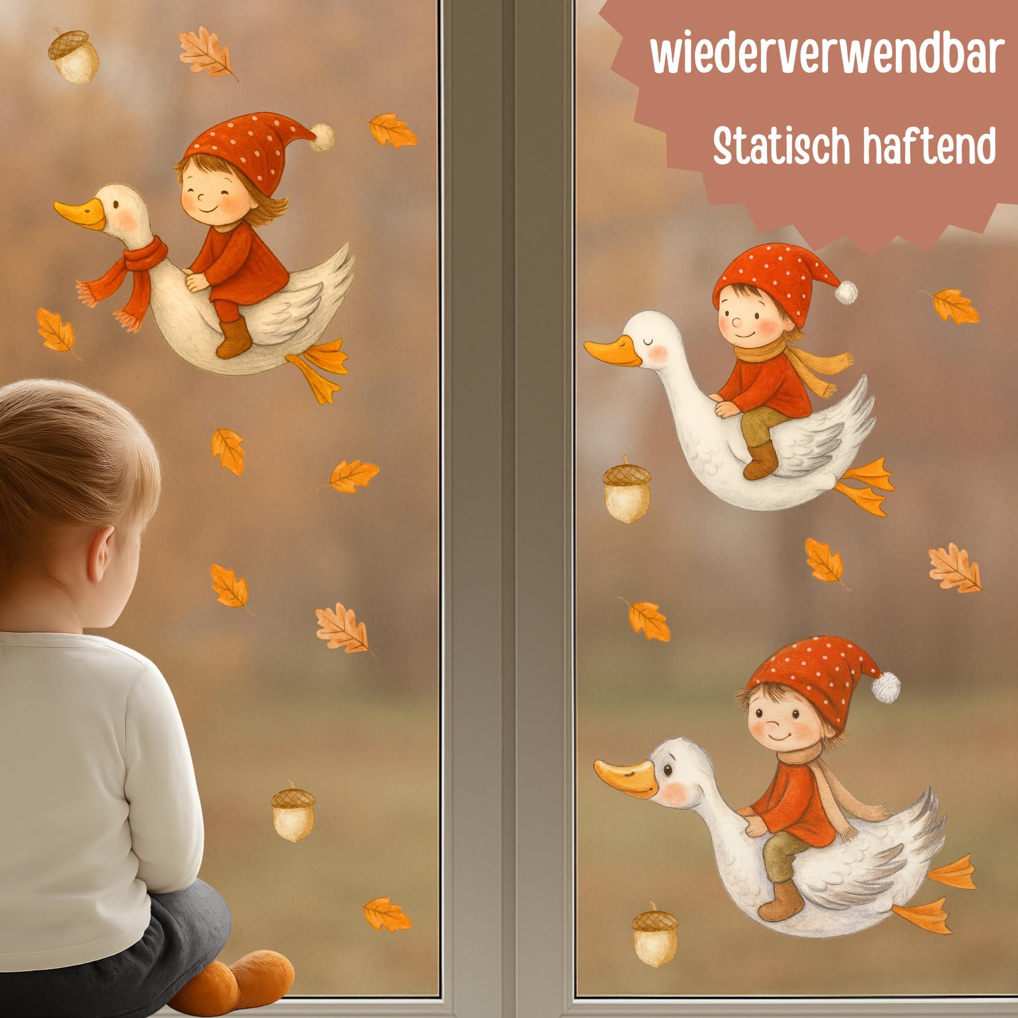 Fensterbild Wichtel mit Gänsen – Herbst Fensterbilder Waldtiere – wiederverwendbare Fenstersticker Kinderzimmer – Herbstdeko Fenster – 