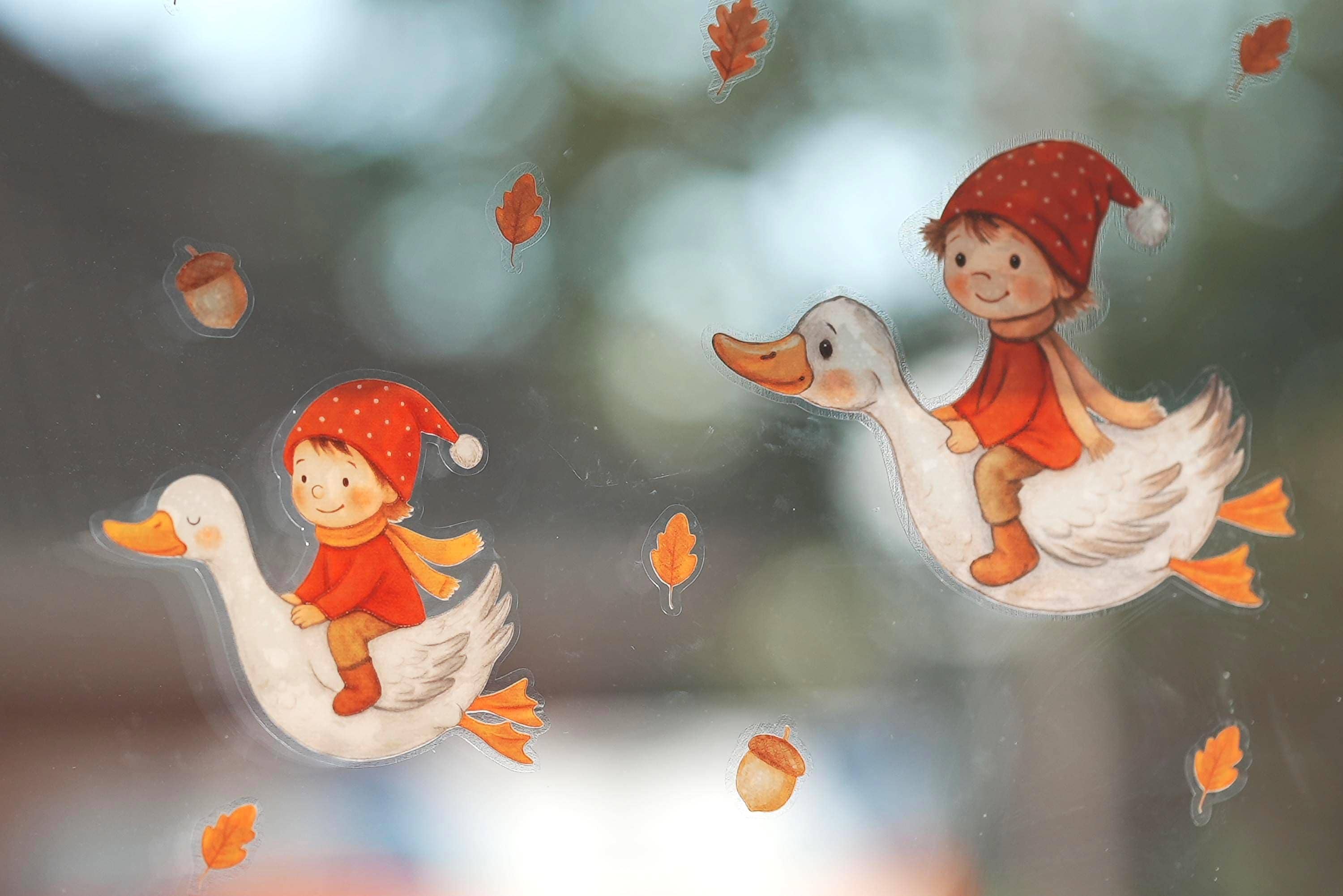 Fensterbild Wichtel mit Gänsen – Herbst Fensterbilder Waldtiere – wiederverwendbare Fenstersticker Kinderzimmer – Herbstdeko Fenster – 