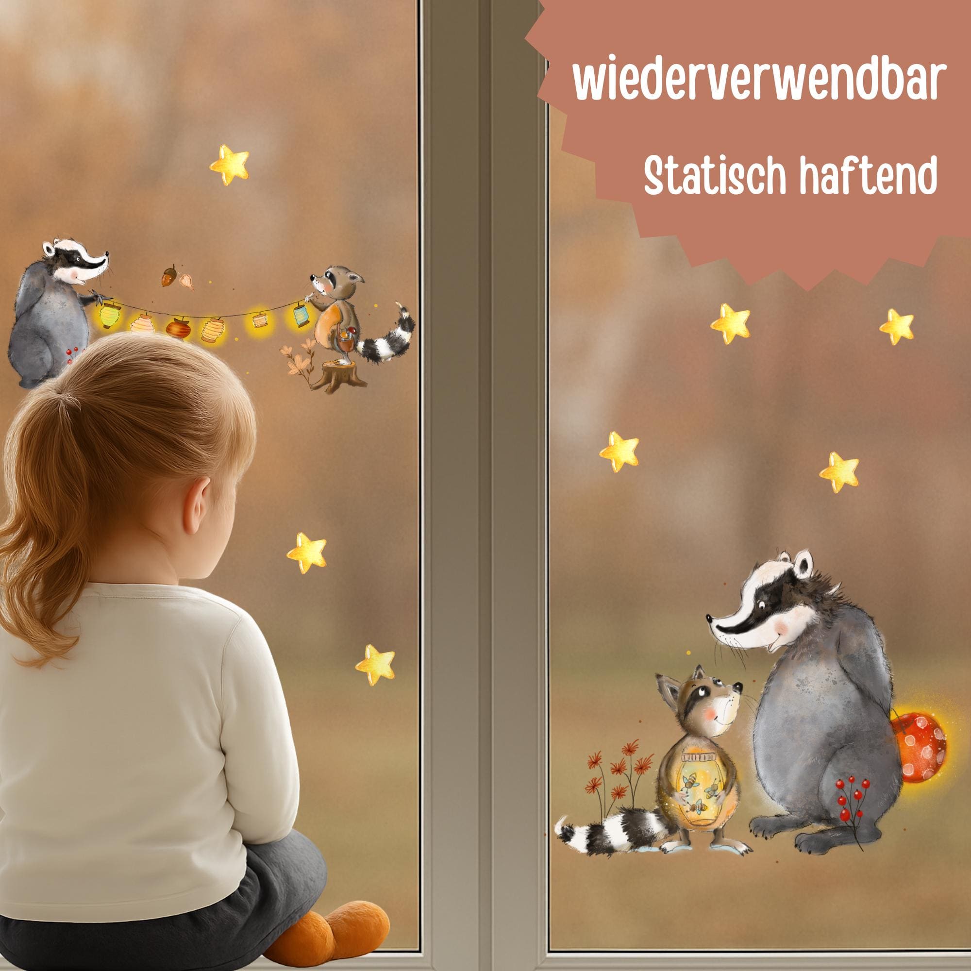 Herbst Fensterbilder Waldtiere – Fensterbild Dachs & Waschbär – Herbstdeko Fenster wiederverwendbar A3 A4 A2 – Fensterdeko Herbst – 