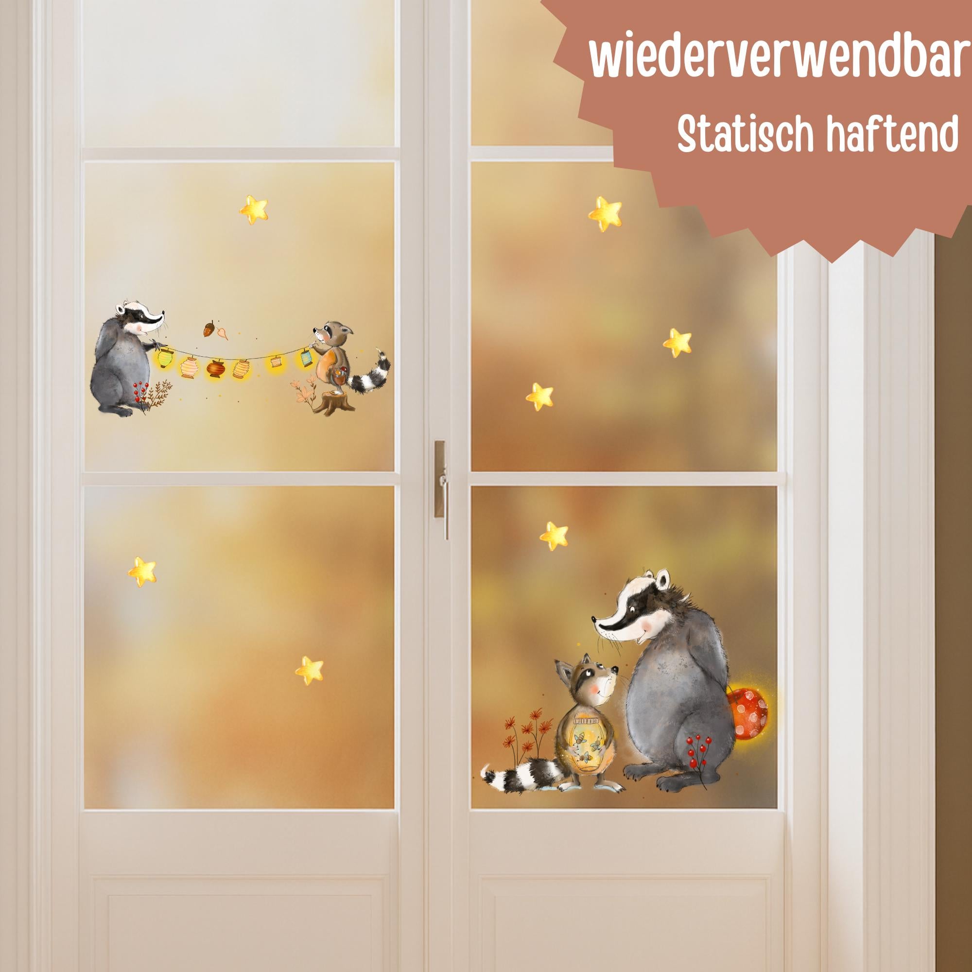Herbst Fensterbilder Waldtiere – Fensterbild Dachs & Waschbär – Herbstdeko Fenster wiederverwendbar A3 A4 A2 – Fensterdeko Herbst – 