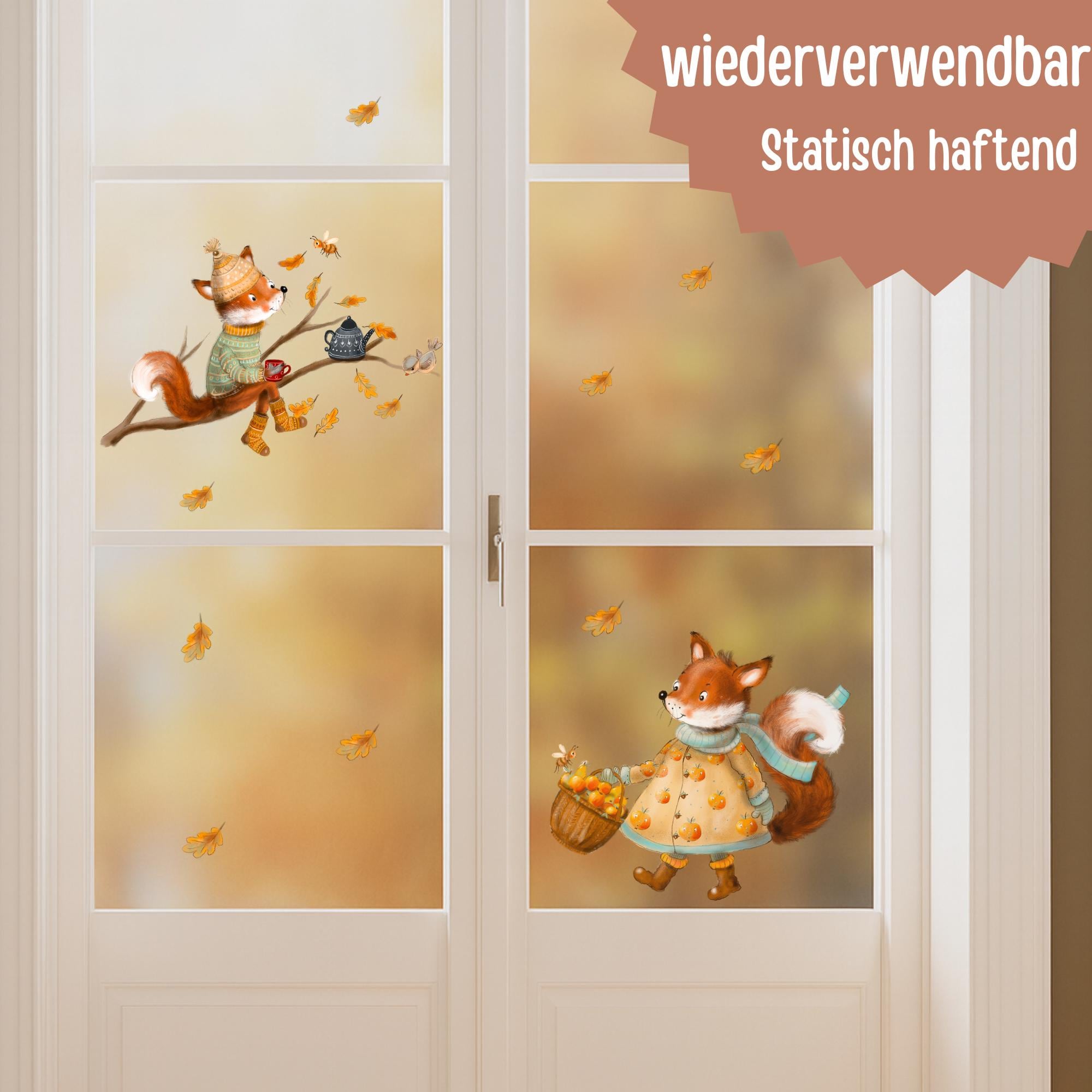 Herbst Fensterbilder Fuchs – Fensterbild Waldtiere Herbstdeko – Fensterdeko Fuchs A3 A4 A2 – wiederverwendbare Herbst Fensterbilder – 