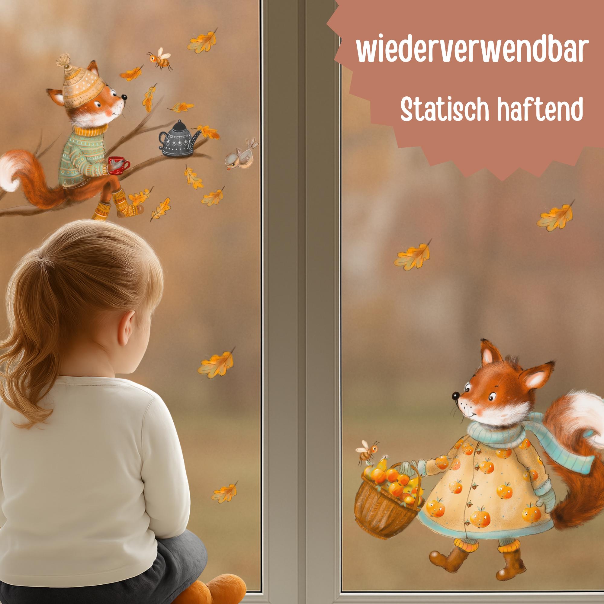 Herbst Fensterbilder Fuchs – Fensterbild Waldtiere Herbstdeko – Fensterdeko Fuchs A3 A4 A2 – wiederverwendbare Herbst Fensterbilder – 
