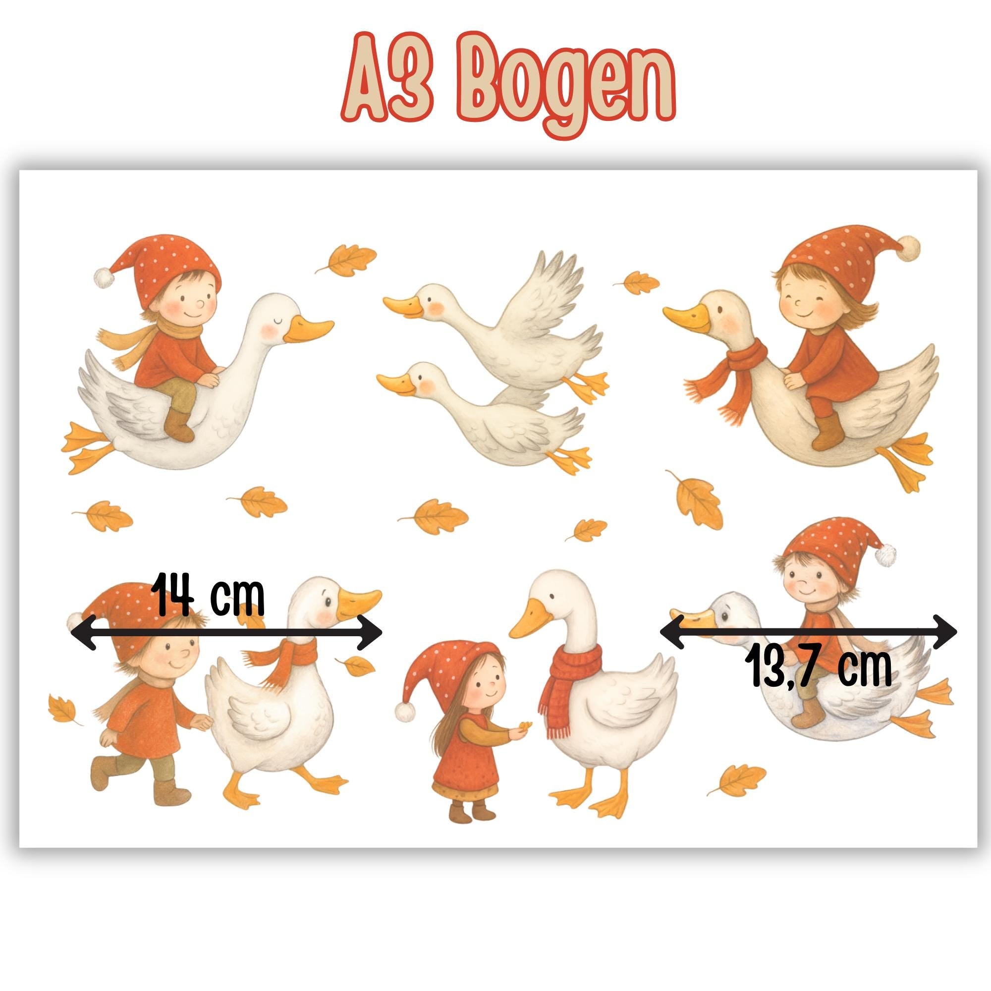 Fensterbild Herbst Wichtel & Gänse – statisch haftend und wiederverwendbar – Herbstdeko Fenster, Spiegel und Türen mit Herbstlaub – 