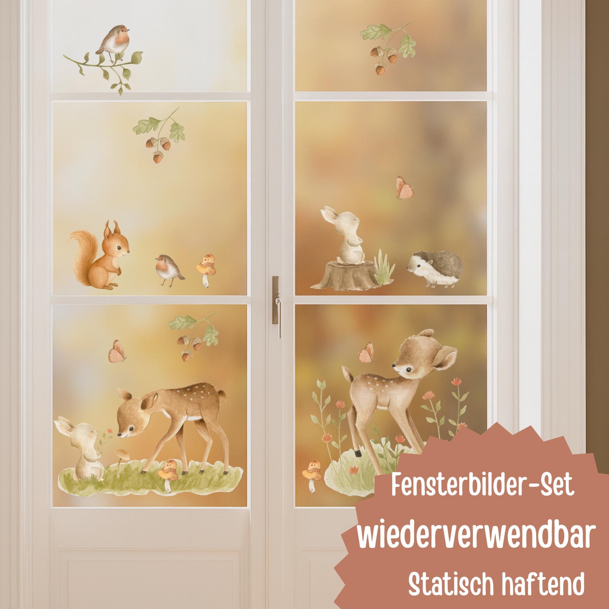 Fensterbilder Waldtiere mit Reh, Eichhörnchen und Igel – statisch haftend & wiederverwendbar – Herbstdeko Fenster Set – 