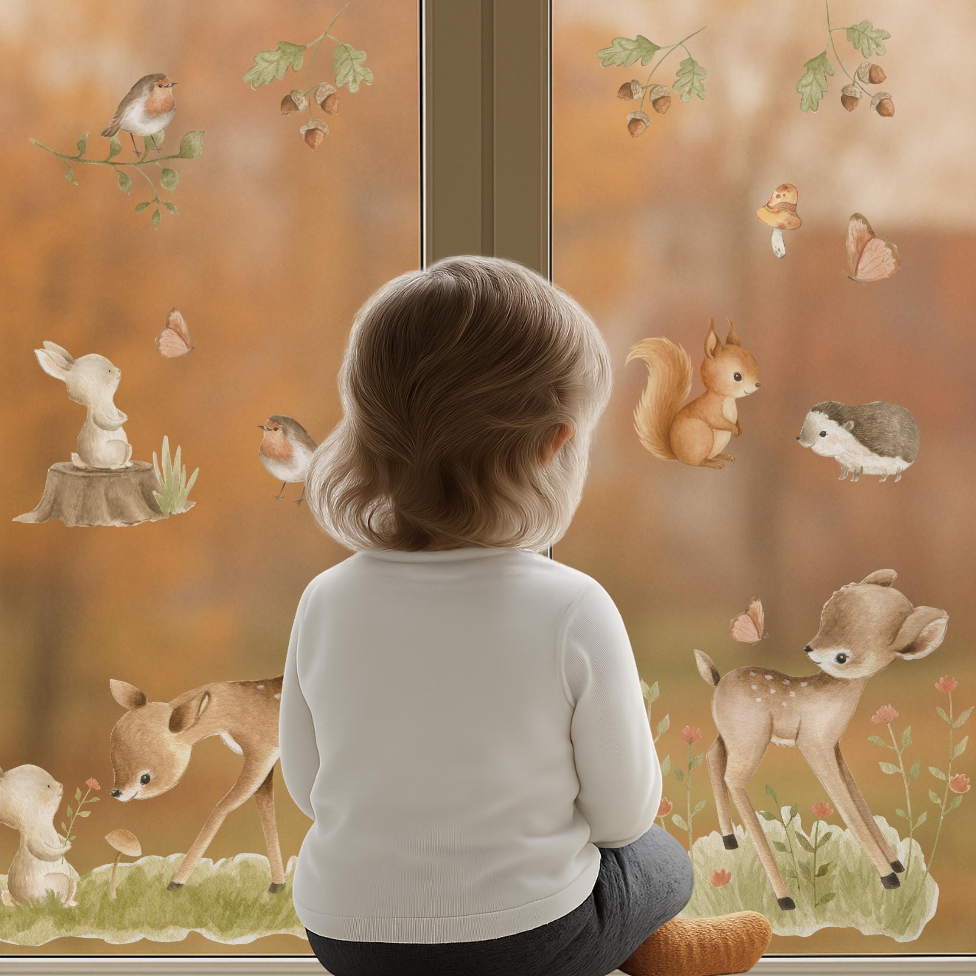 Fensterbilder Waldtiere mit Reh, Eichhörnchen und Igel – statisch haftend & wiederverwendbar – Herbstdeko Fenster Set – 