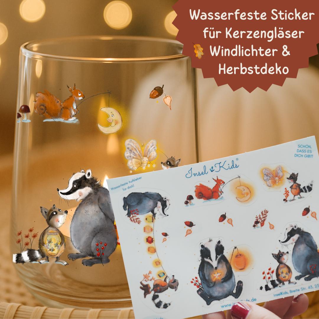 Herbst Sticker Set Dachs & Waldtiere – wasserfeste Deko Sticker für Kerzengläser und Windlichter – DIY Herbstdeko – Stickers