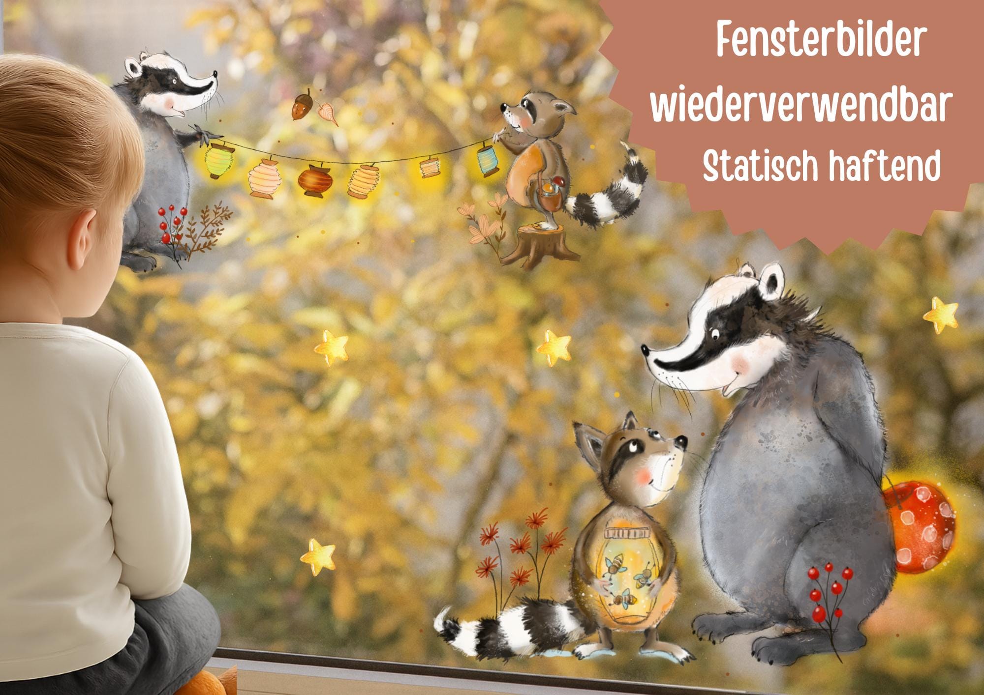 Herbst Fensterbilder Waldtiere – Fensterbild Dachs & Waschbär – Herbstdeko Fenster wiederverwendbar A3 A4 A2 – Fensterdeko Herbst – 