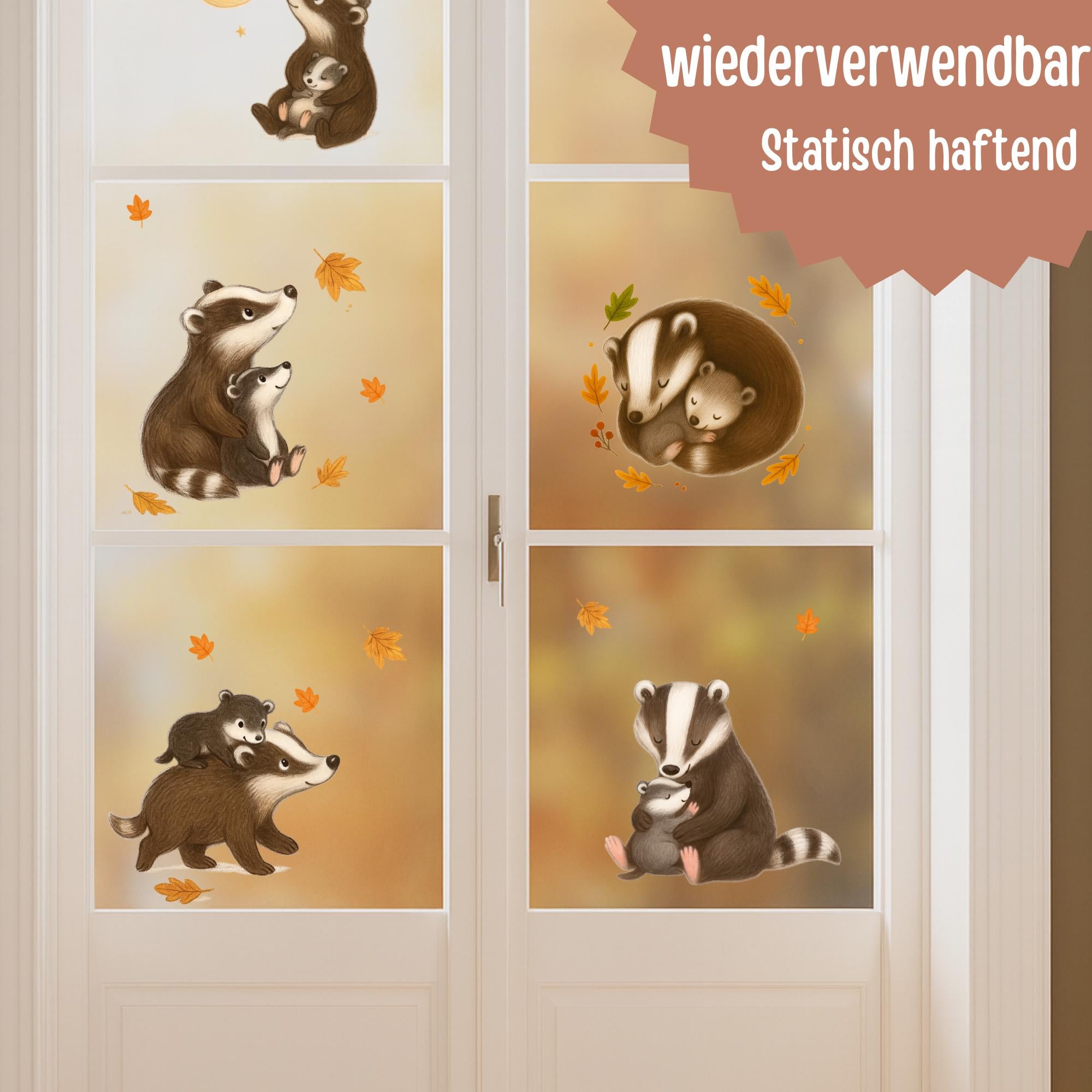 Fensterbilder Dachs & Waldtiere – statisch haftende Herbstdeko für Kinderzimmer – wiederverwendbare Fenstersticker Tiere – 