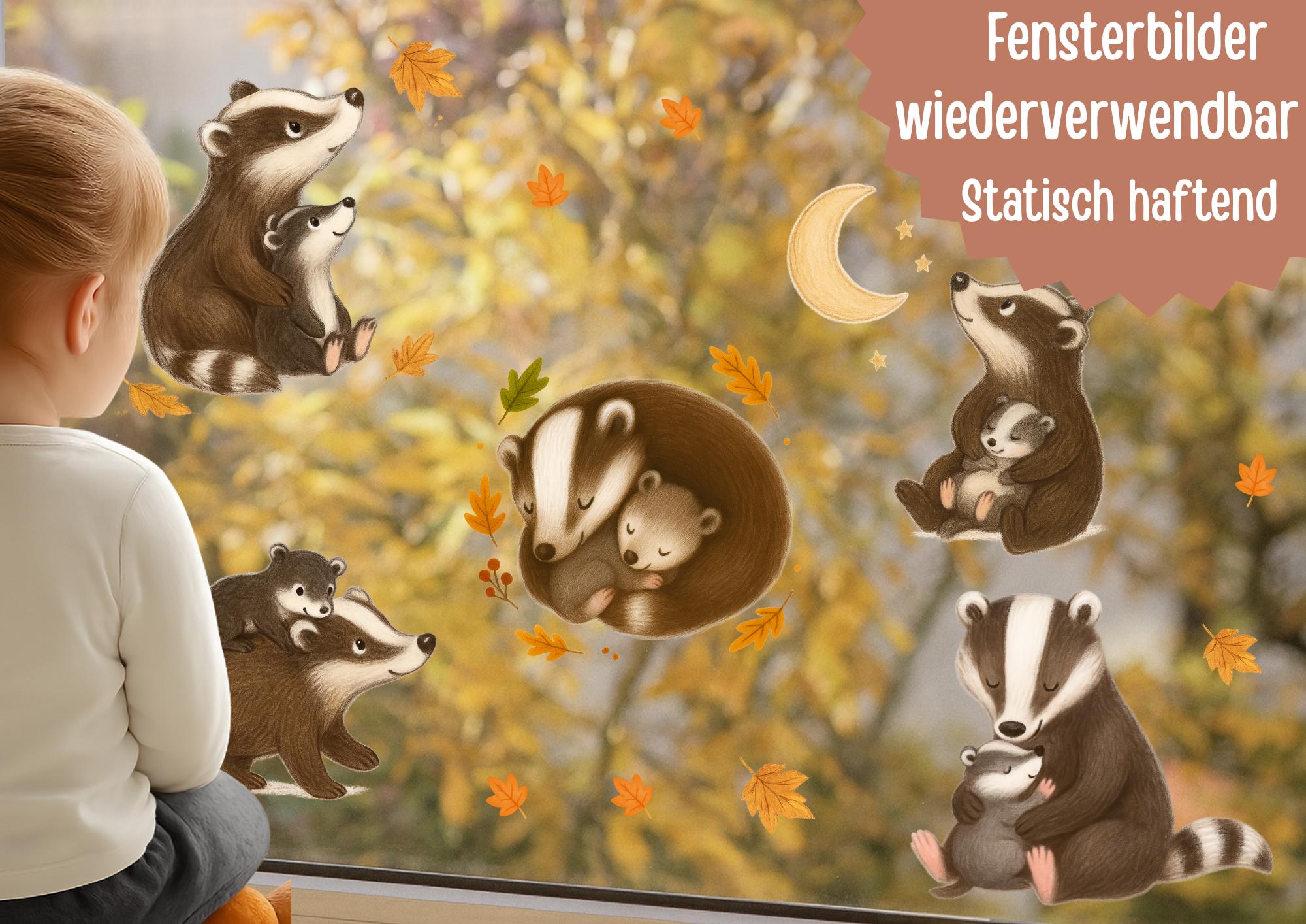 Fensterbilder Dachs & Waldtiere – statisch haftende Herbstdeko für Kinderzimmer – wiederverwendbare Fenstersticker Tiere – 