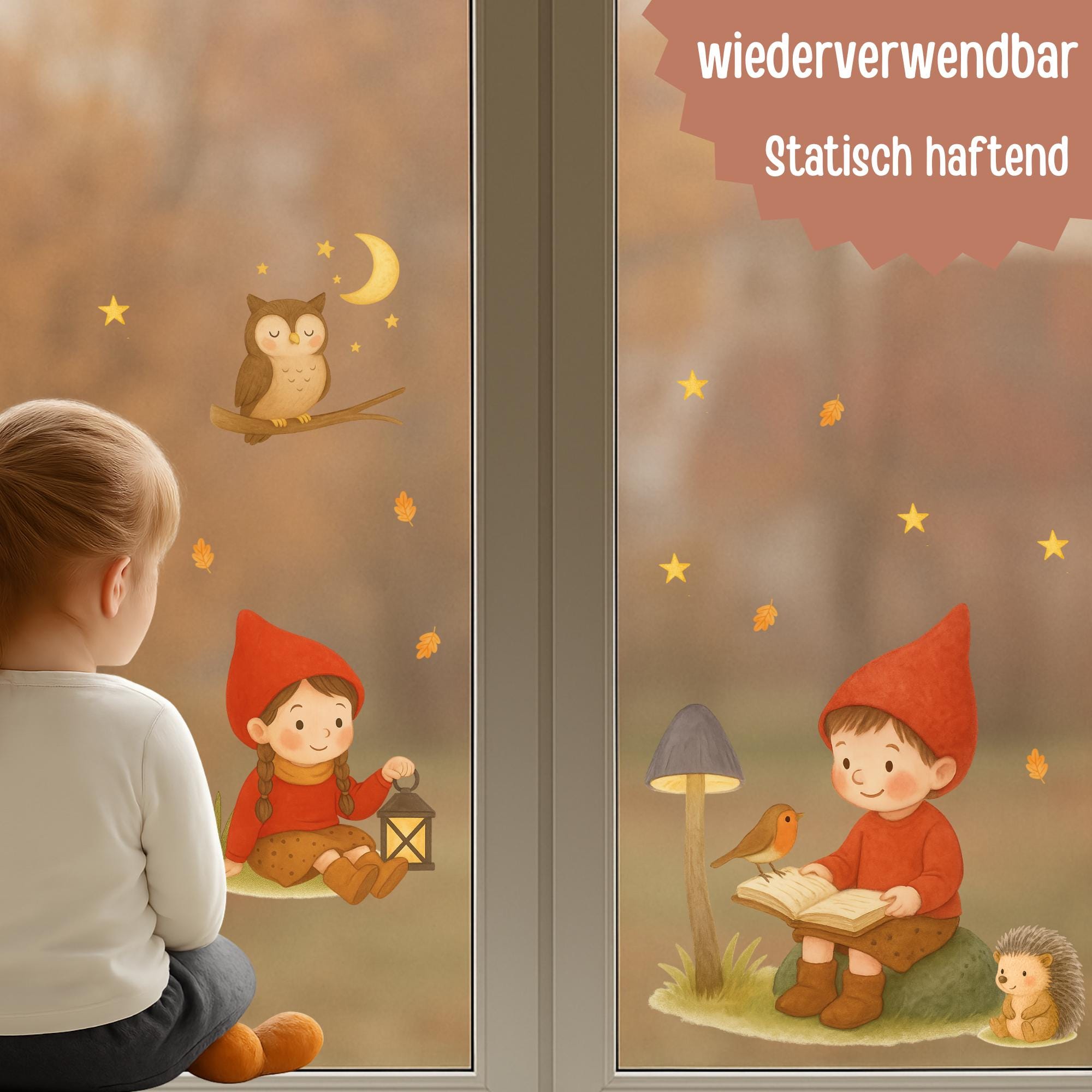 Fensterbilder Waldtiere & Wichtel – statisch haftende deko mit Eule und Igel – wiederverwendbare Fenstersticker – 