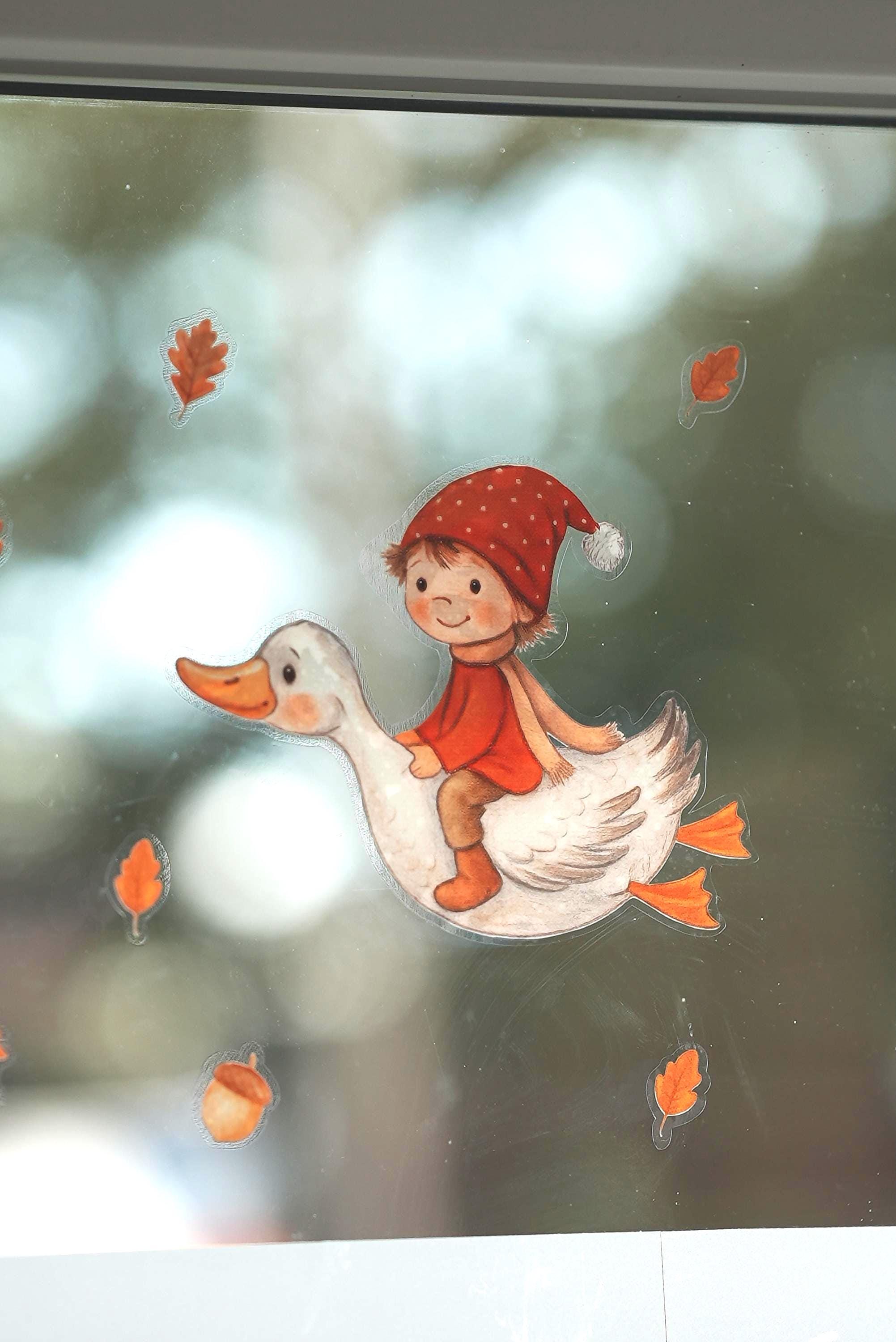 Fensterbild Wichtel mit Gänsen – Herbst Fensterbilder Waldtiere – wiederverwendbare Fenstersticker Kinderzimmer – Herbstdeko Fenster – 