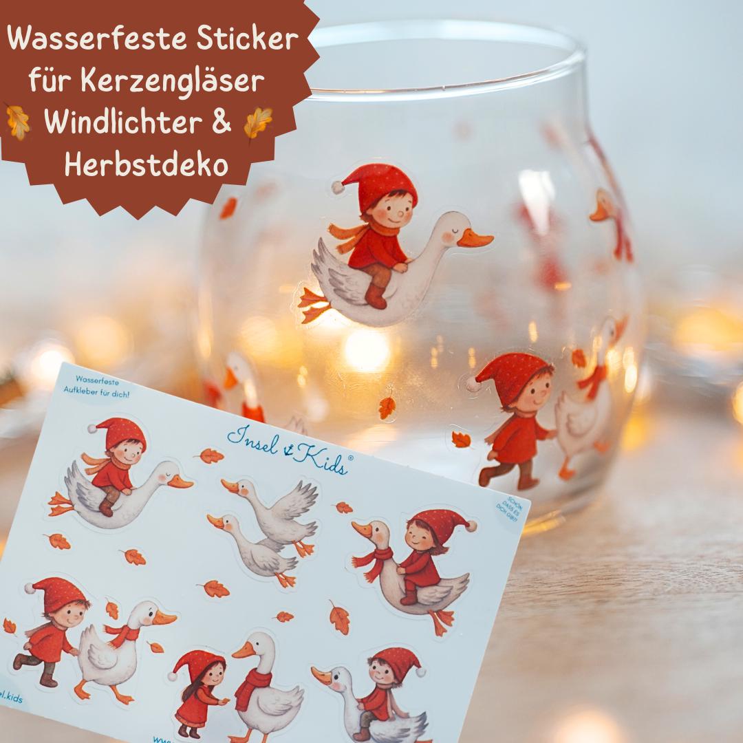 Wichtel und Gänse Sticker – perfekt für DIY, Herbstdeko & Bastelideen. Märchenhafte Waldtiere zum Verzieren von Kerzengläsern – Stickers