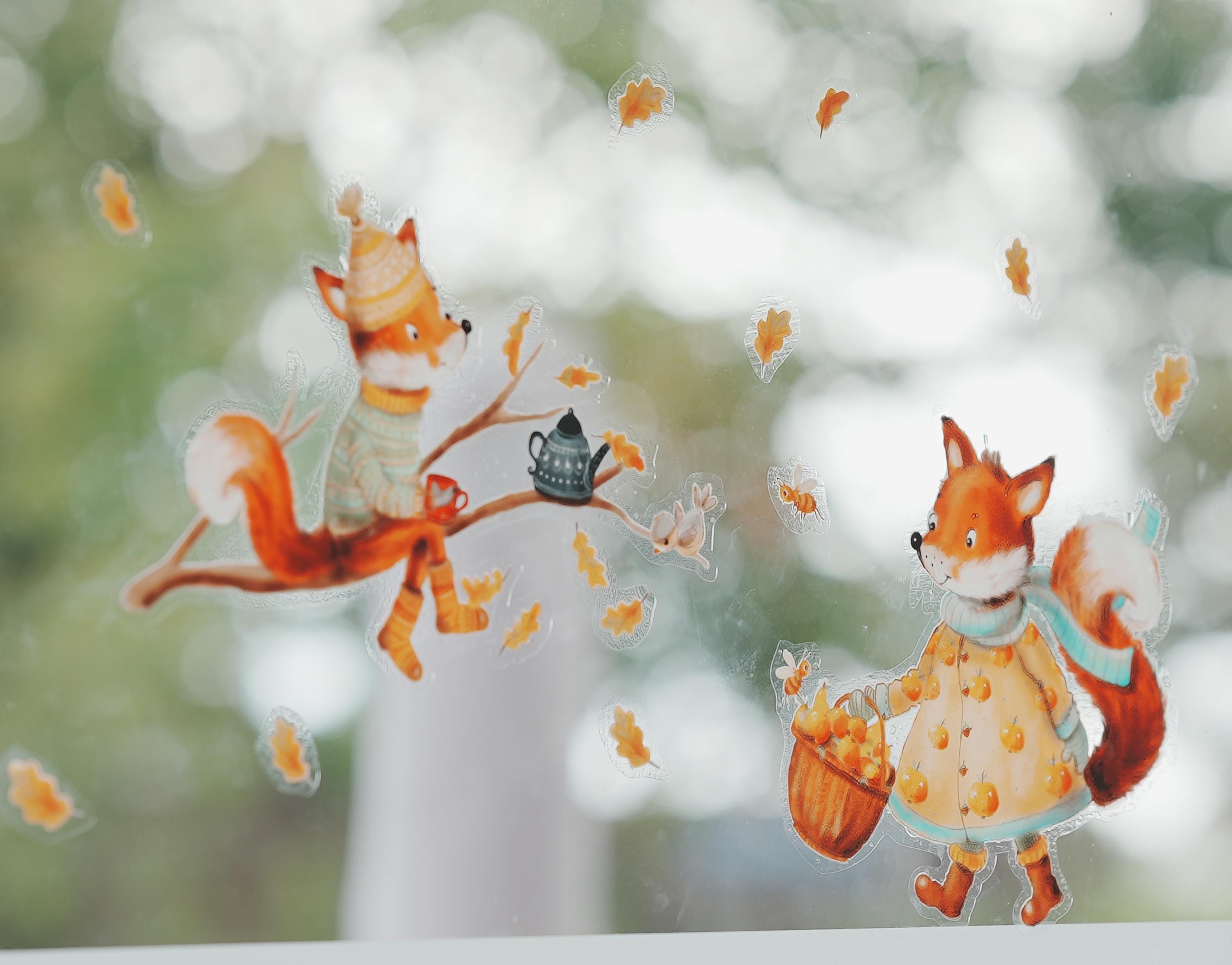 Herbst Fensterbilder Fuchs – Fensterbild Waldtiere Herbstdeko – Fensterdeko Fuchs A3 A4 A2 – wiederverwendbare Herbst Fensterbilder – 