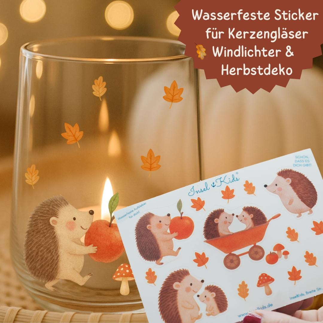 Herbst Sticker Igel & Waldtiere | wasserfeste Aufkleber für Kerzengläser, Windlichter, Spiegel und DIY Herbstdeko – Stickers