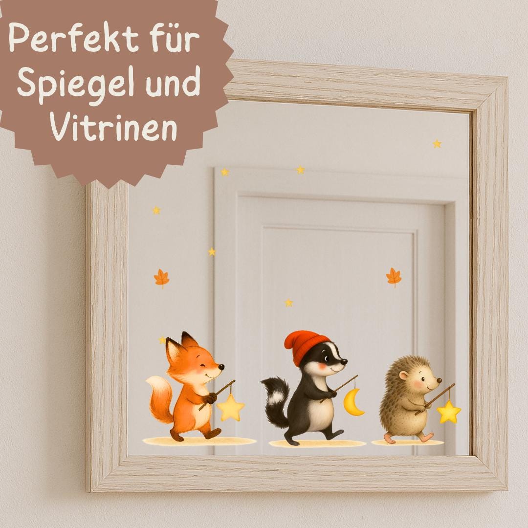 Fensterbilder Herbst Waldtiere – Laternenumzug Fuchs Hase Igel – statisch haftende Fensterdeko St. Martin & Laternenfest – 