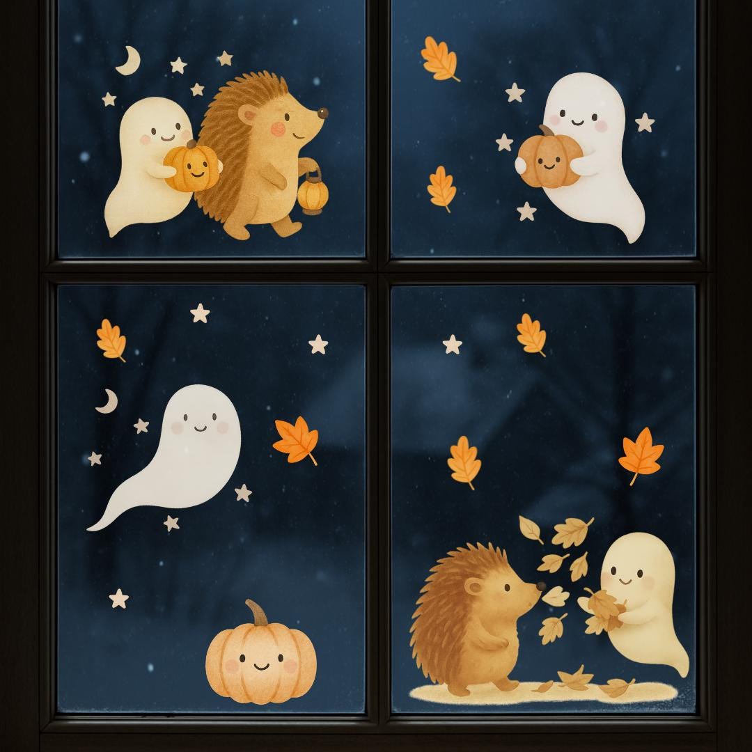 Fensterbilder Halloween Herbst – Geister & Igel mit Kürbis – statisch haftende Fensterdeko Kinderzimmer wiederverwendbar – 