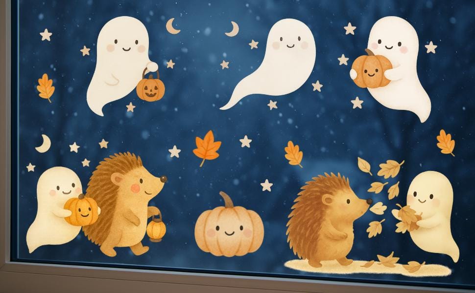 Fensterbilder Halloween Herbst – Geister & Igel mit Kürbis – statisch haftende Fensterdeko Kinderzimmer wiederverwendbar – 