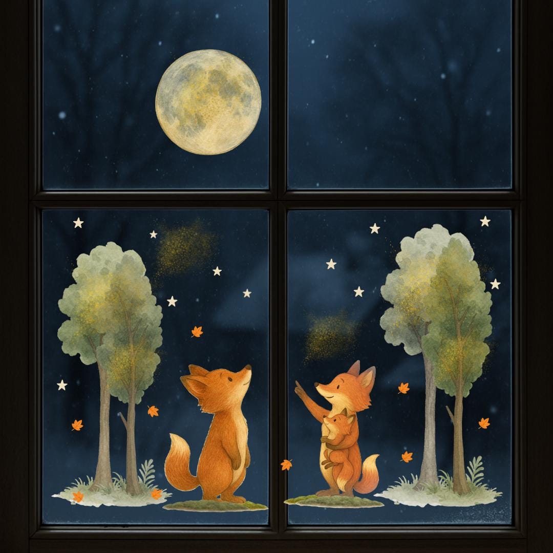 Fensterbilder Waldtiere – Füchse unter Mond & Sternen – statisch haftende Fensterdeko wiederverwendbar – 