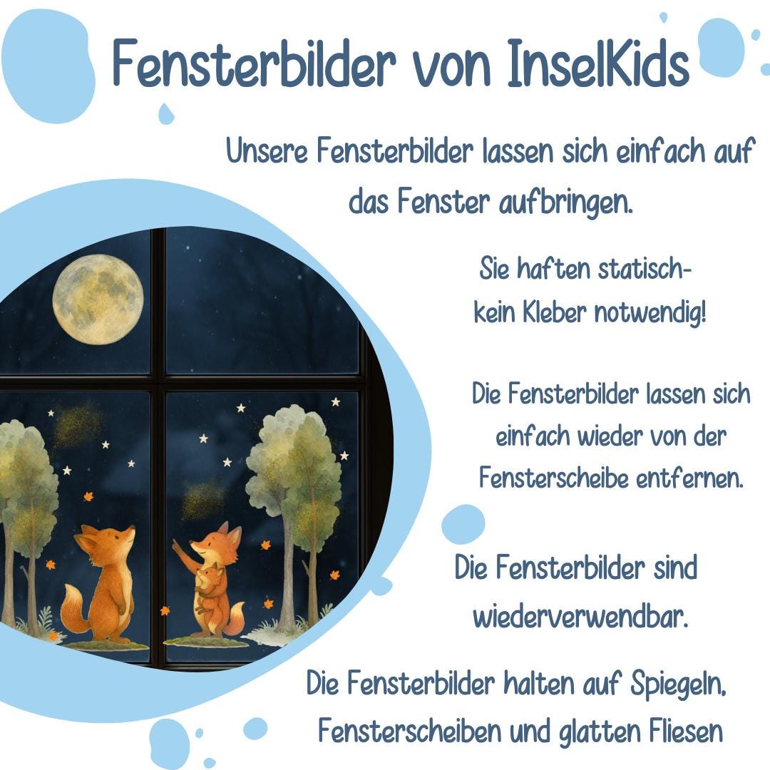 Fensterbilder Herbst Waldtiere – Füchse unter Mond & Sternen – statisch haftende Herbst Fensterdeko wiederverwendbar – 