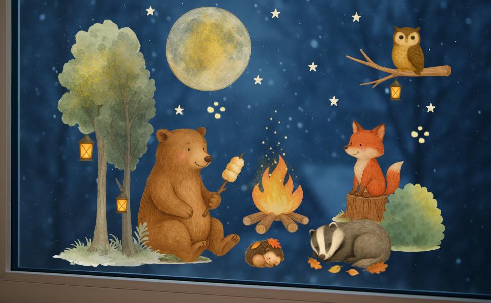 Herbstliche Fensterbilder - Waldtiere am Lagerfeuer mit Bär, Fuchs und Eule – Mond und Sterne – statisch haftend & wiederverwendbar – 