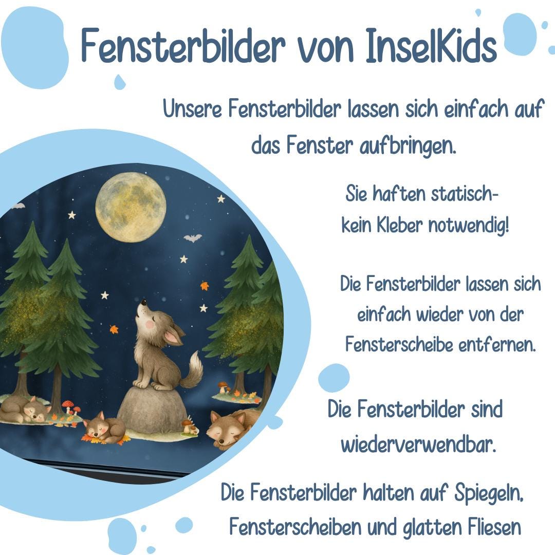 Fensterbild Wolf Herbst – Wölfe unter Mond & Sternen – statisch haftende Fensterbilder Waldtiere, wiederverwendbare Herbstdeko – 