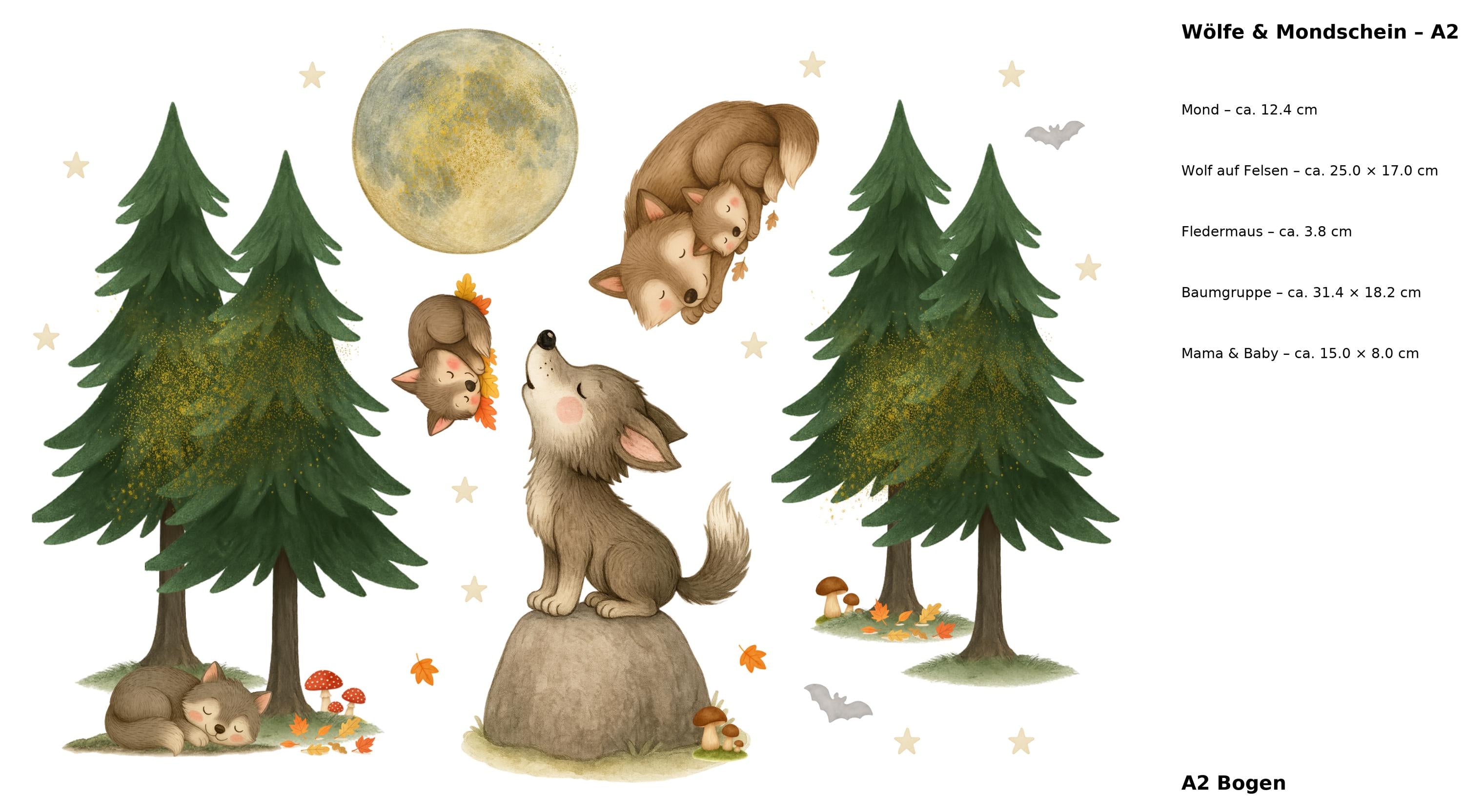 Fensterbild Wolf Herbst – Wölfe unter Mond & Sternen – statisch haftende Fensterbilder Waldtiere, wiederverwendbare Herbstdeko – 
