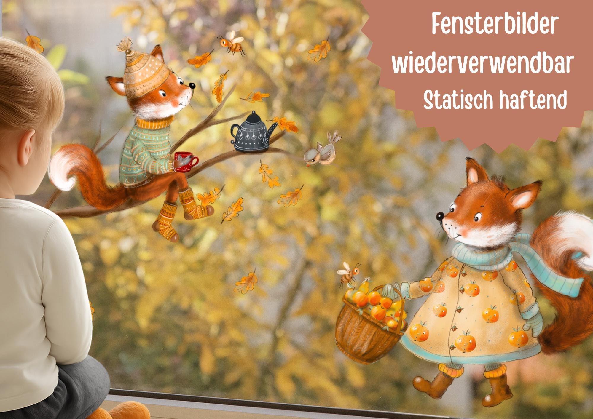 Herbst Fensterbilder Fuchs – Fensterbild Waldtiere Herbstdeko – Fensterdeko Fuchs A3 A4 A2 – wiederverwendbare Herbst Fensterbilder – 
