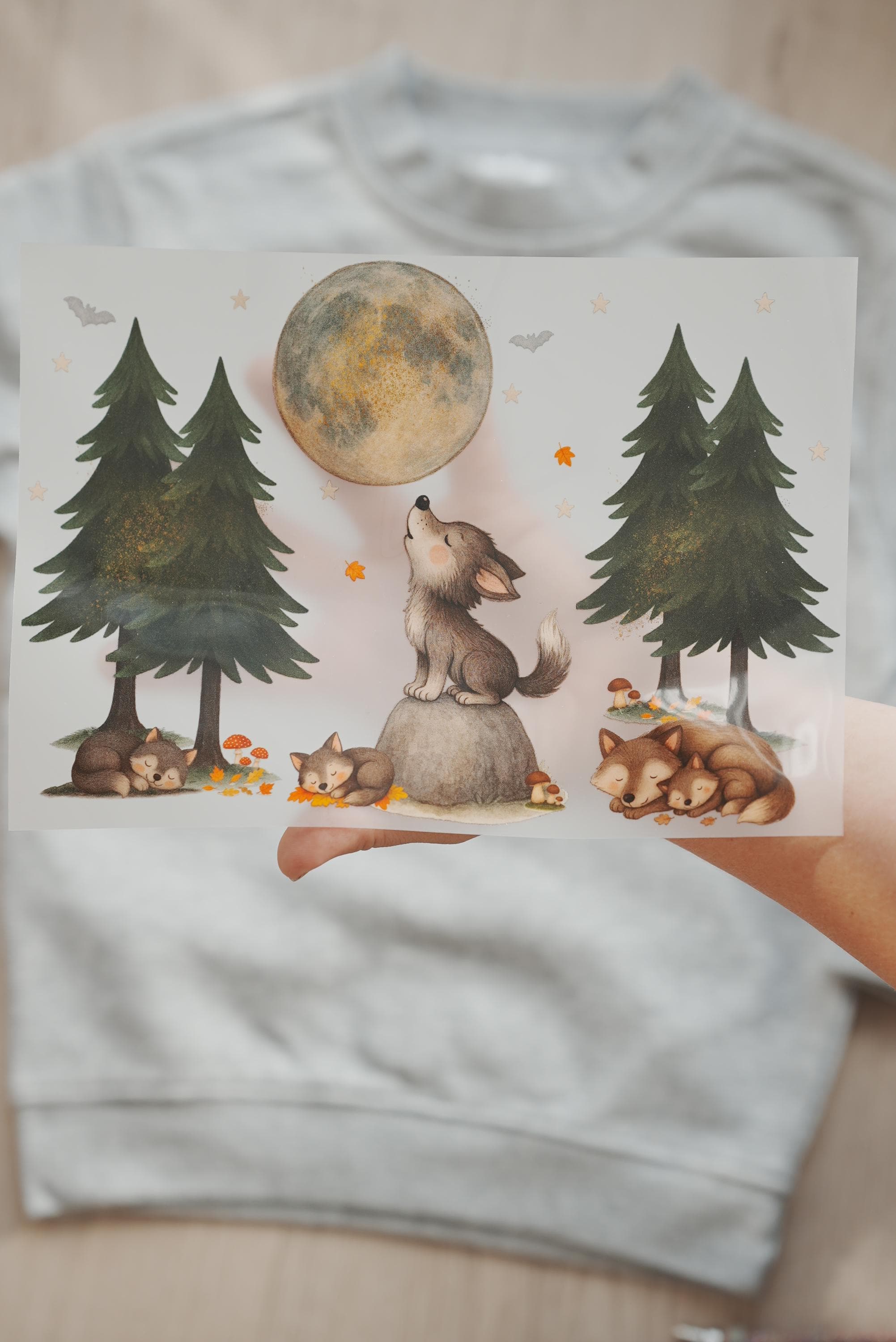 Bügelbild Wolf Waldtiere – A4 & A5 – Herbst Motiv mit Mond – Aufbügler Kinder – Waldtiere Bügeltransfer für Shirts – Appliques & Patches