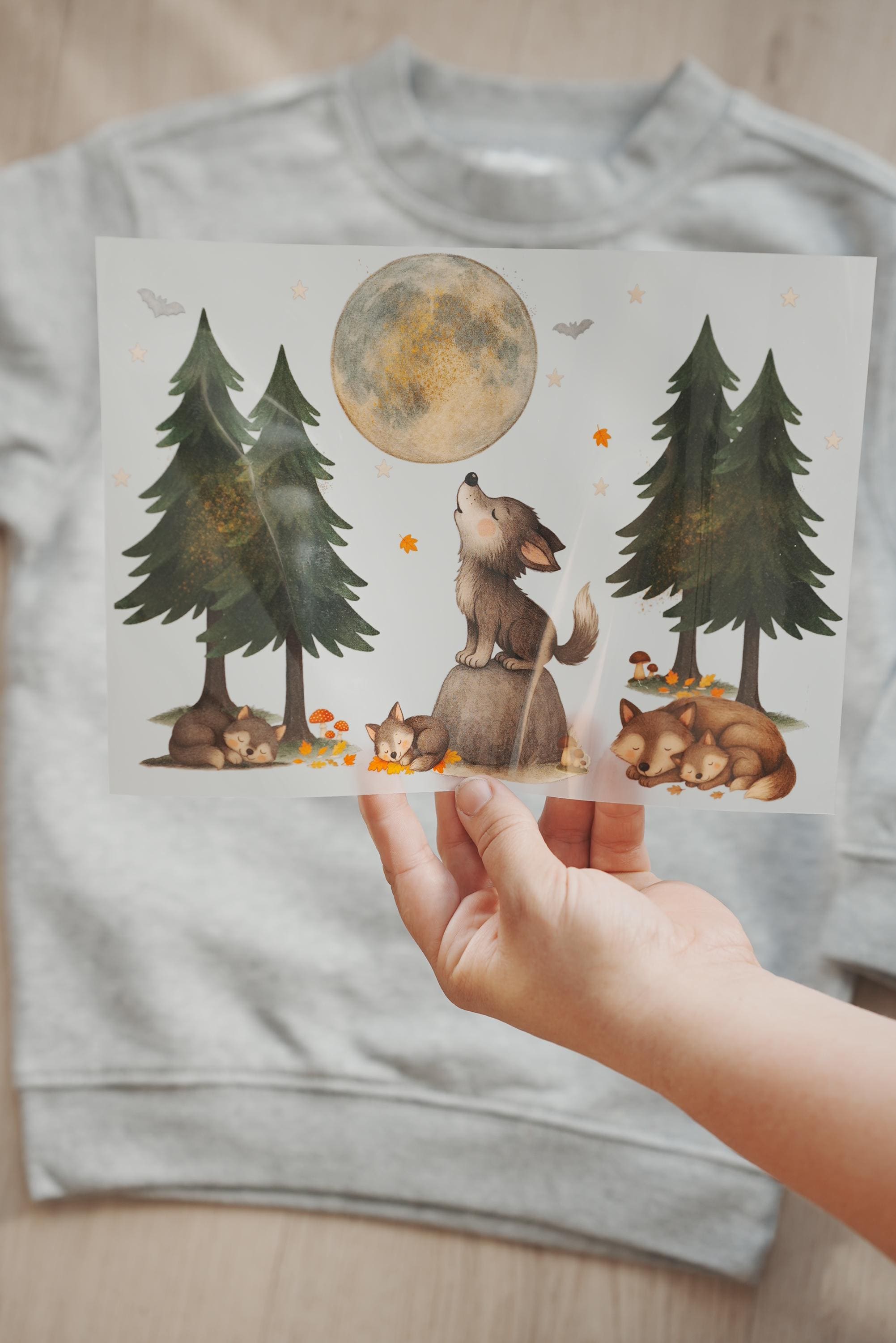 Bügelbild Wolf Waldtiere – A4 & A5 – Herbst Motiv mit Mond – Aufbügler Kinder – Waldtiere Bügeltransfer für Shirts – Appliques & Patches