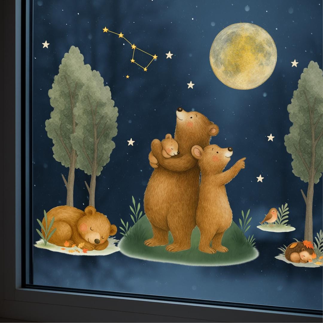Herbstdeko Fenster – Fensterbild Bärenfamilie mit Mond & Sternen – Fensterdeko Waldtiere für Herbst und Winter – 