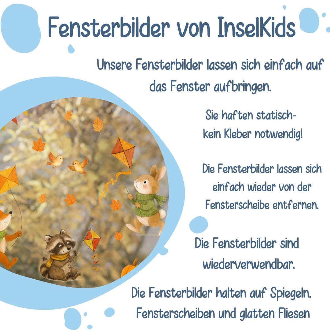 Fensterbild Herbst Tiere – Fuchs, Hase & Waschbär – wiederverwendbare Fensterbilder Kinderzimmer – statisch haftend und ablösbar – 