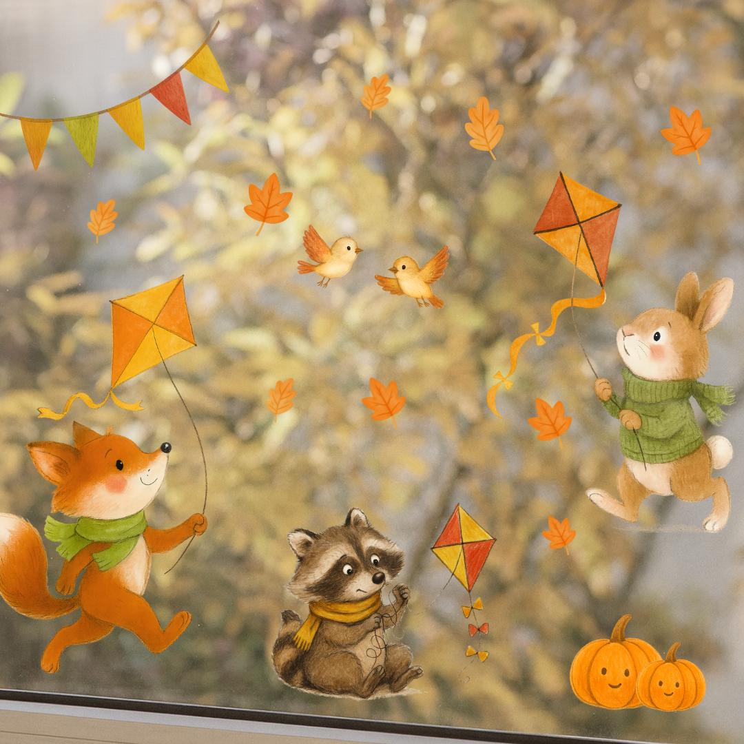 Fensterbild Herbst Tiere – Fuchs, Hase & Waschbär – wiederverwendbare Fensterbilder Kinderzimmer – statisch haftend und ablösbar – 