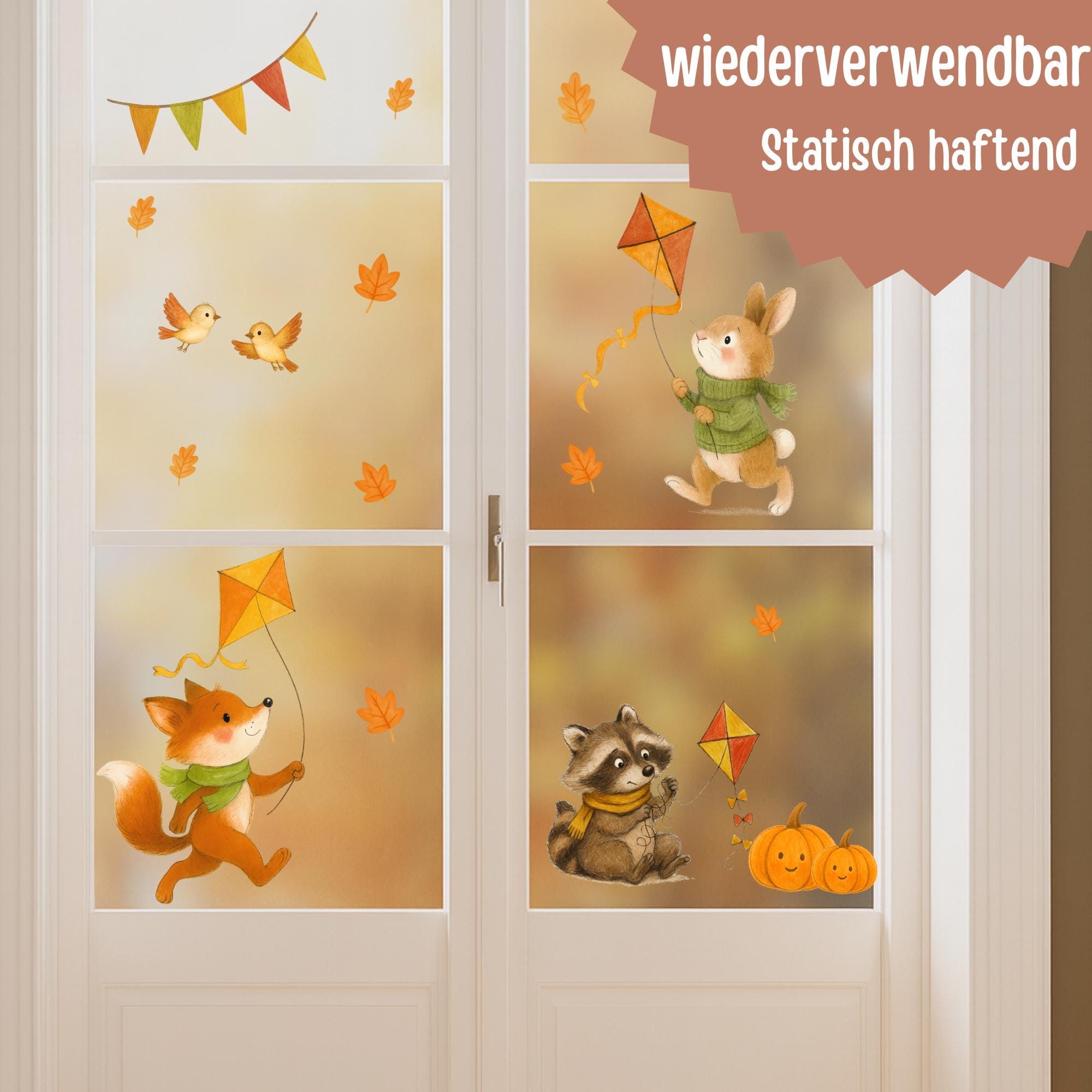 Fensterbild Herbst Tiere – Fuchs, Hase & Waschbär – wiederverwendbare Fensterbilder Kinderzimmer – statisch haftend und ablösbar – 
