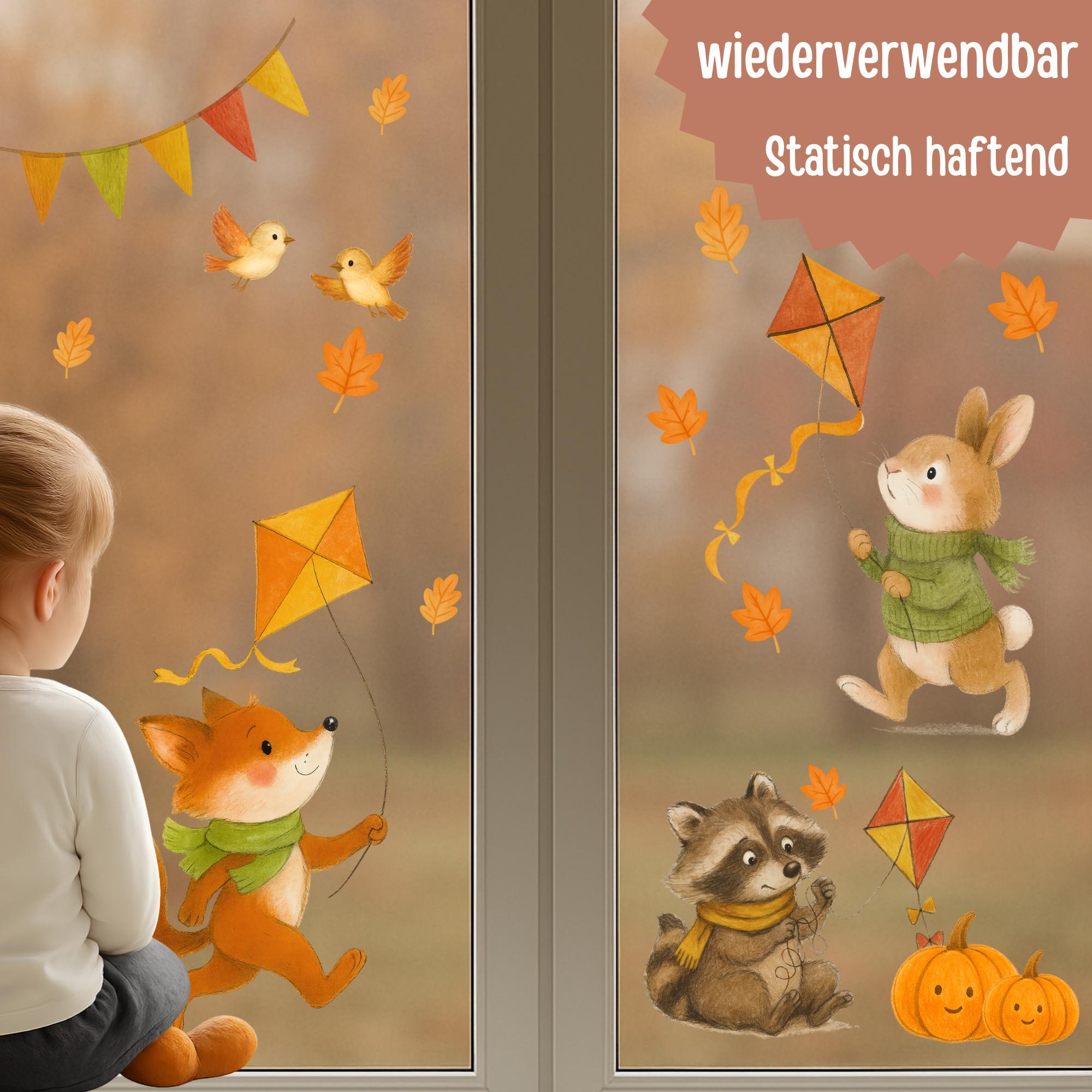 Fensterbild Herbst Tiere – Fuchs, Hase & Waschbär – wiederverwendbare Fensterbilder Kinderzimmer – statisch haftend und ablösbar – 