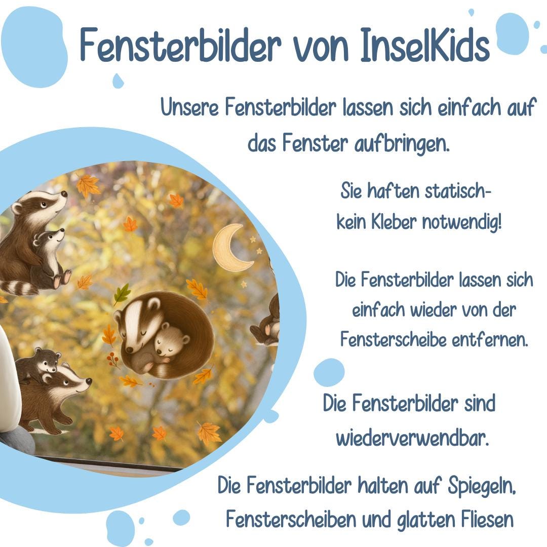 Fensterbilder Dachs & Waldtiere – statisch haftende Herbstdeko für Kinderzimmer – wiederverwendbare Fenstersticker Tiere – 