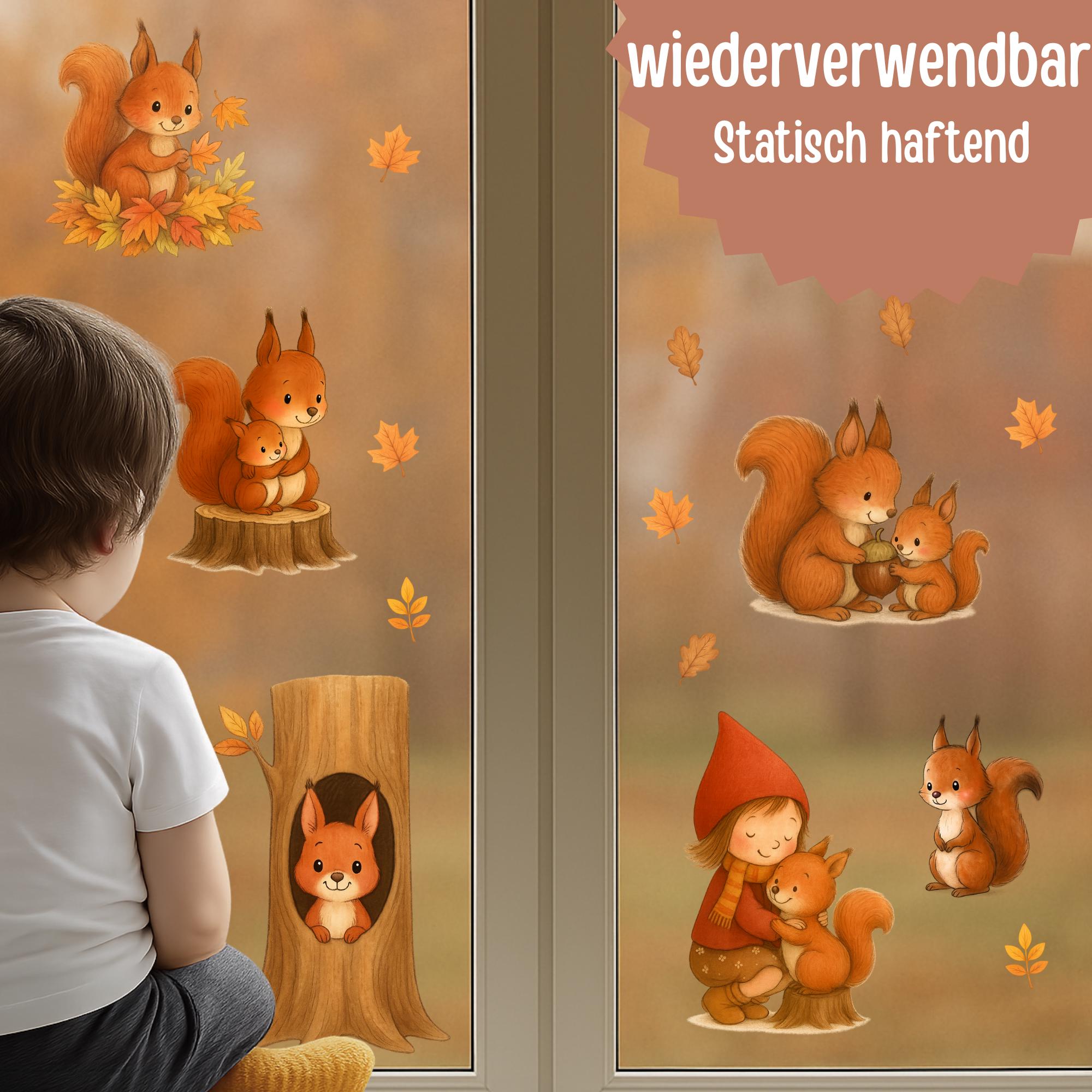 Herbstdeko Fenster – Fensterbild Eichhörnchen & Mädchen – Herbsttiere Fenstersticker – Fensterdeko Eichhörnchen Herbst – 