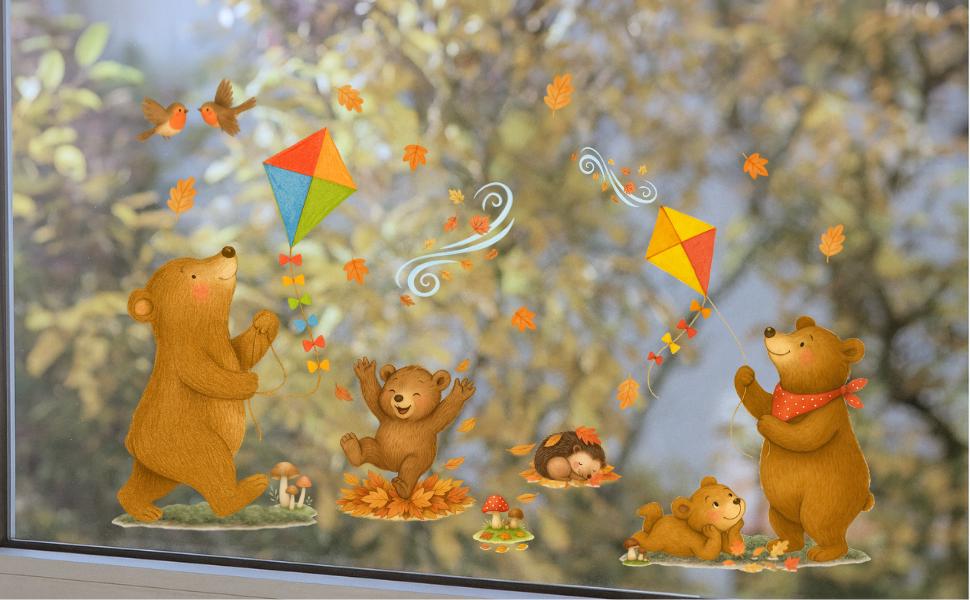 Herbstdeko Fenster – Fensterbild Bärenfamilie mit Drachen – Herbsttiere Fenstersticker – Fensterdeko Kinderzimmer & Wohnzimmer – 