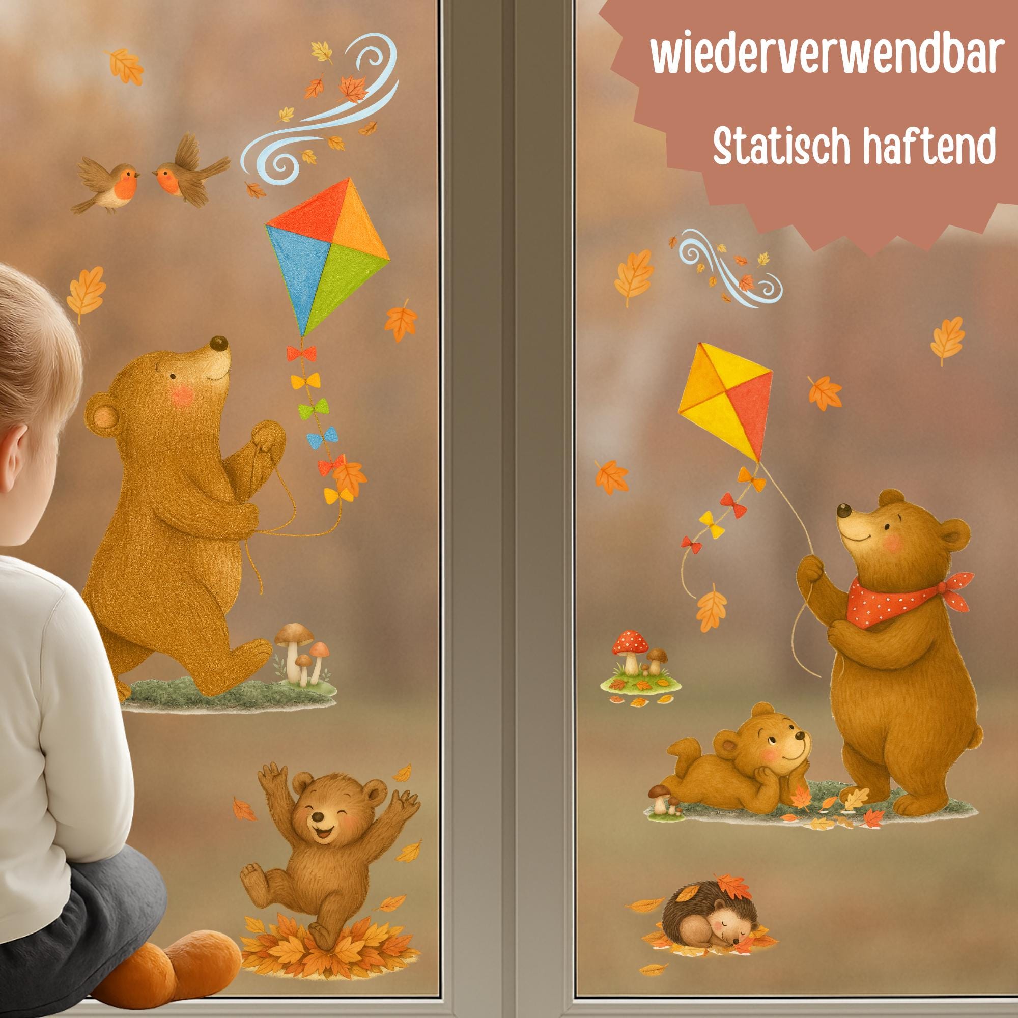 Herbstdeko Fenster – Fensterbild Bärenfamilie mit Drachen – Herbsttiere Fenstersticker – Fensterdeko Kinderzimmer & Wohnzimmer – 